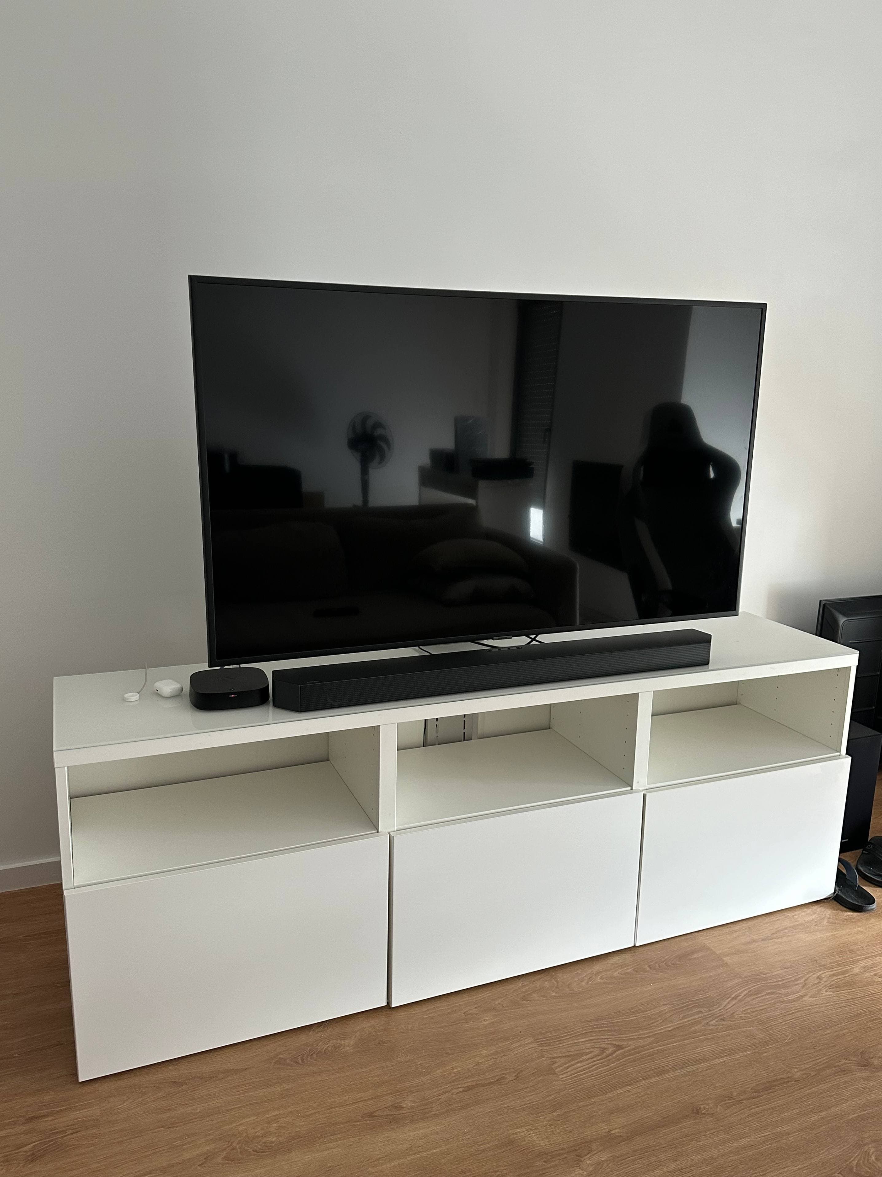 BESTÅ TV bench with drawers, white/Smeviken/Kabbarp white clear glass, 180x42x74 cm