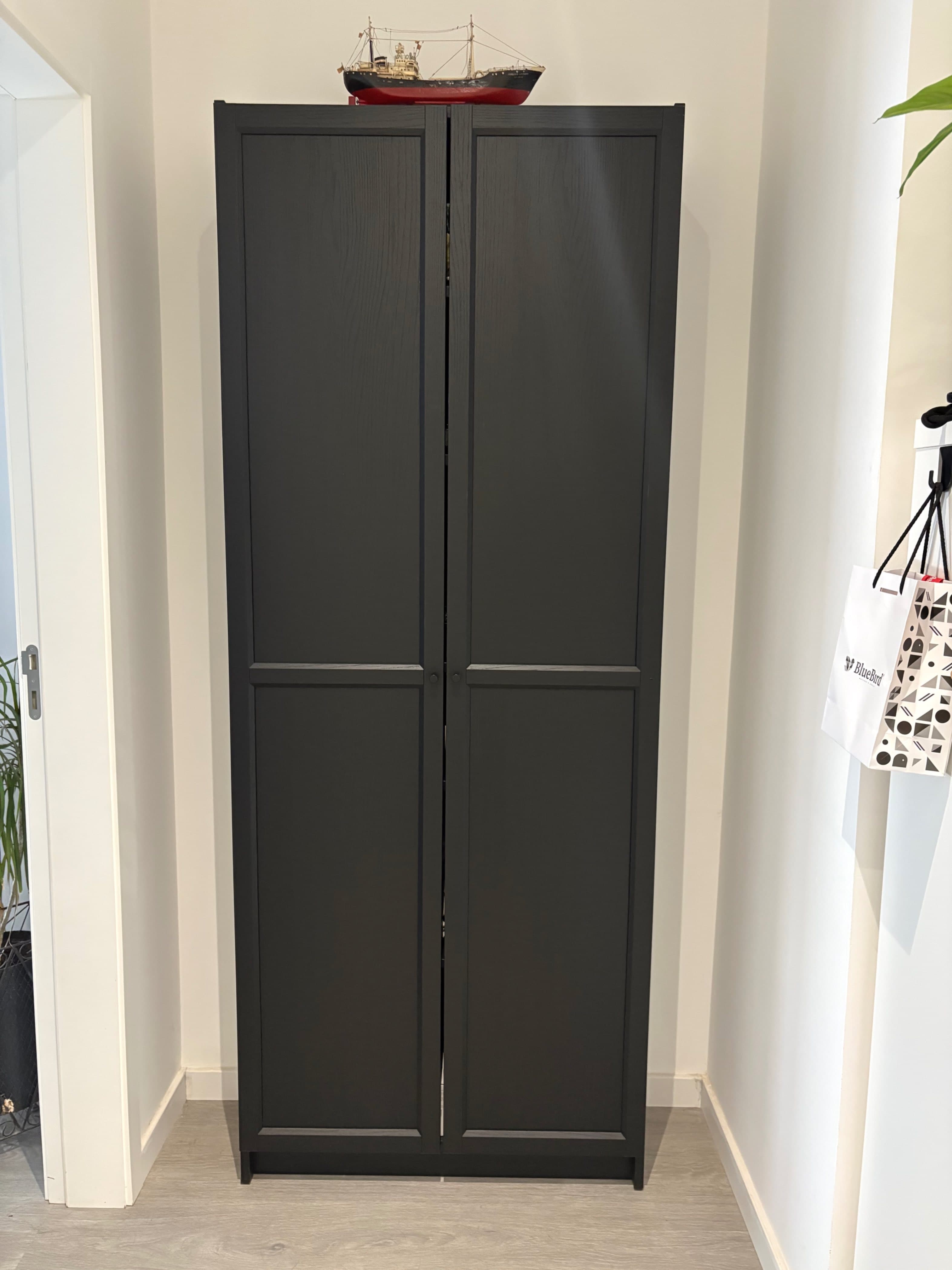 BILLY bookcase with doors, black oak effect, 80x30x202 cm