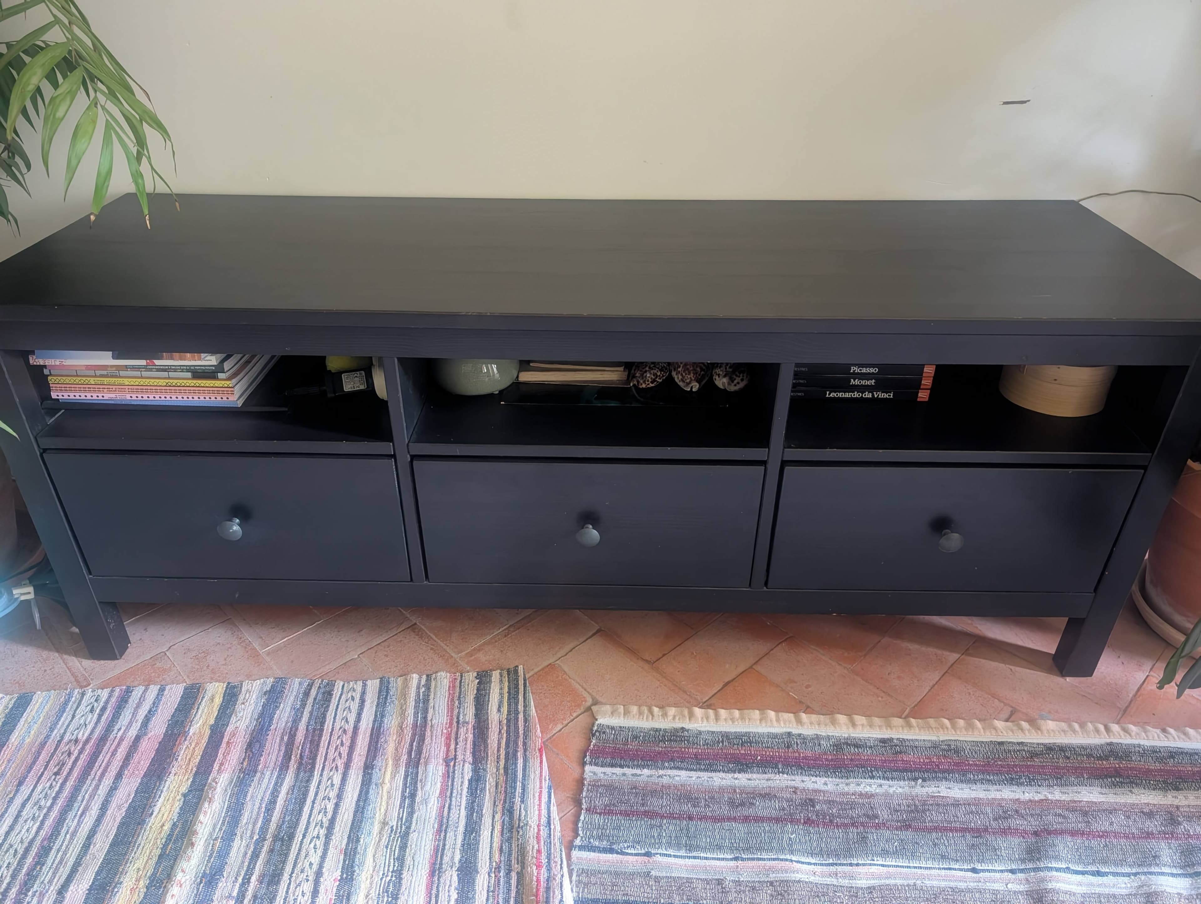 HEMNES TV bench, black-brown, light brown, 148x47x57 cm