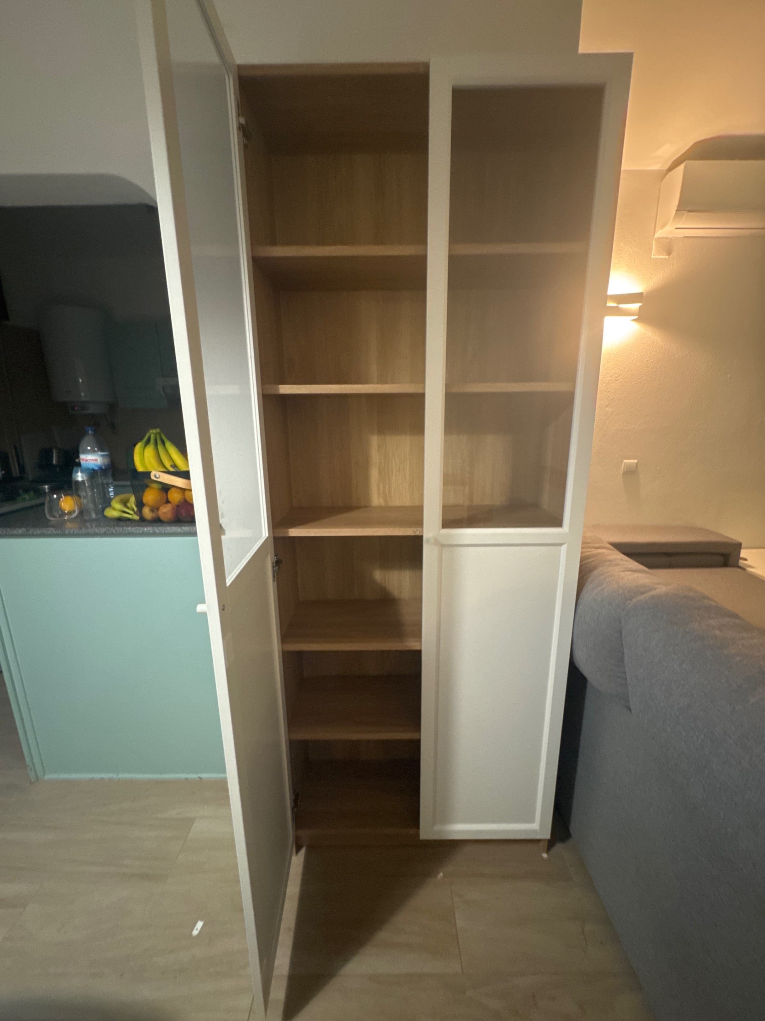 BILLY / OXBERG bookcase with panel/glass doors, white, 80x30x202 cm
