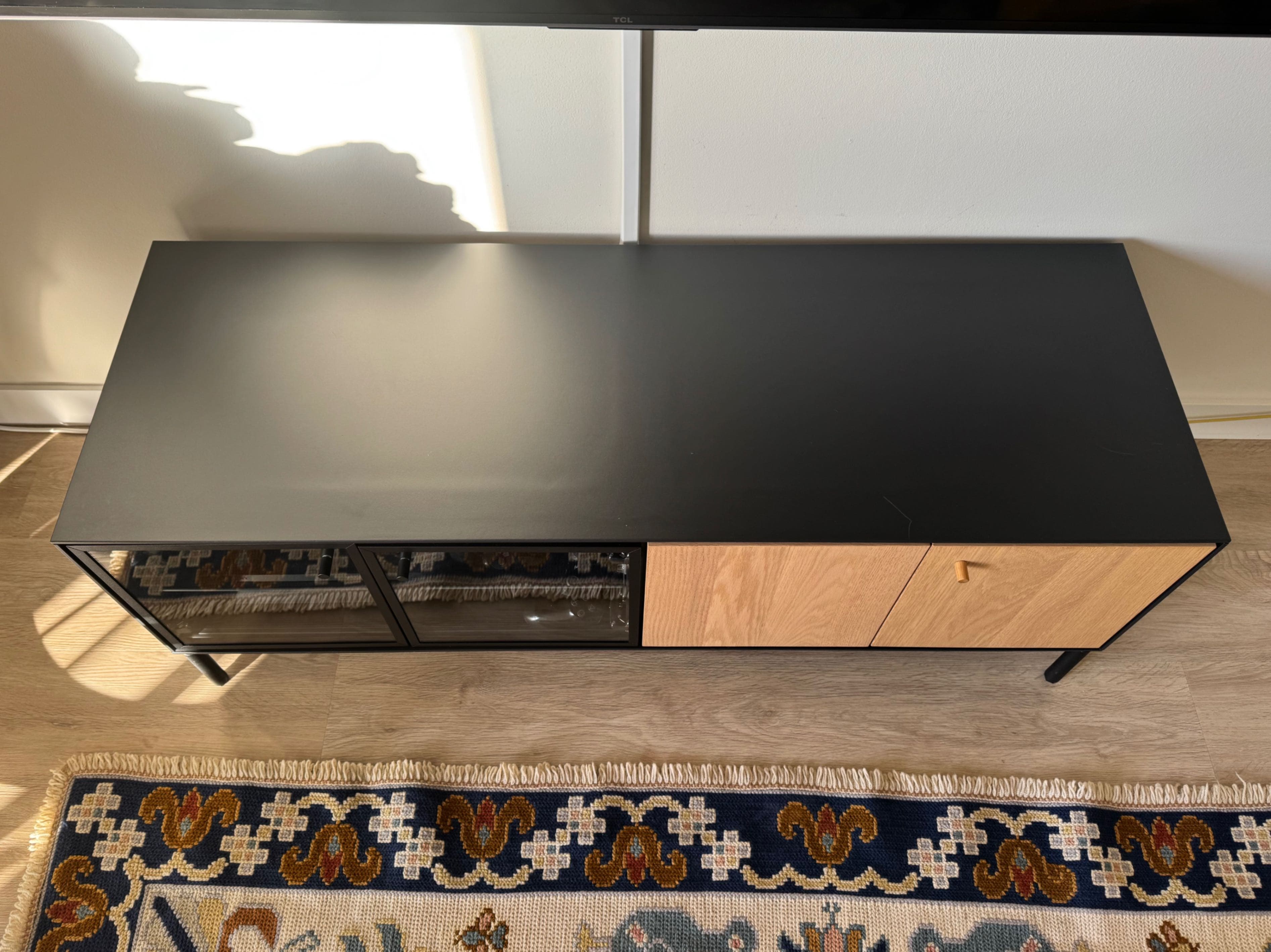BOASTAD TV bench, black/oak veneer, 121x42x45 cm
