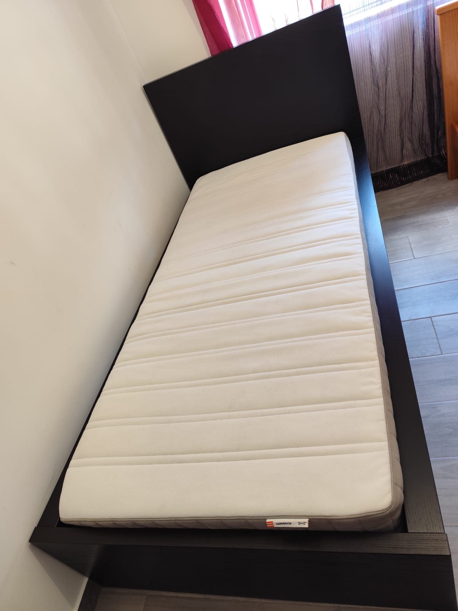MALM bed frame, high, w 2 storage boxes, black-brown/Lönset, 90x200 cm