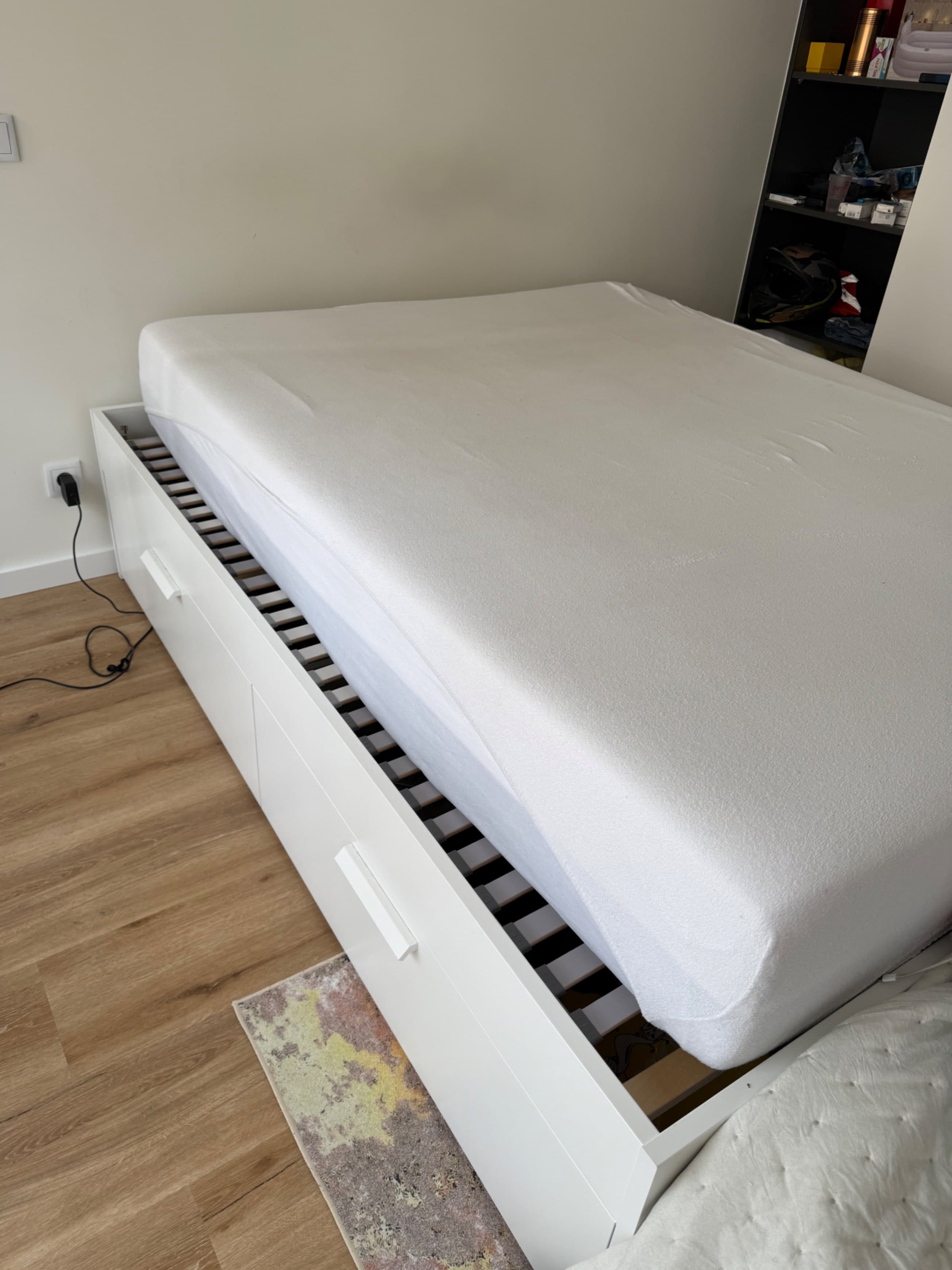 BRIMNES bed frame w storage and headboard, white/Luröy, 160x200 cm
