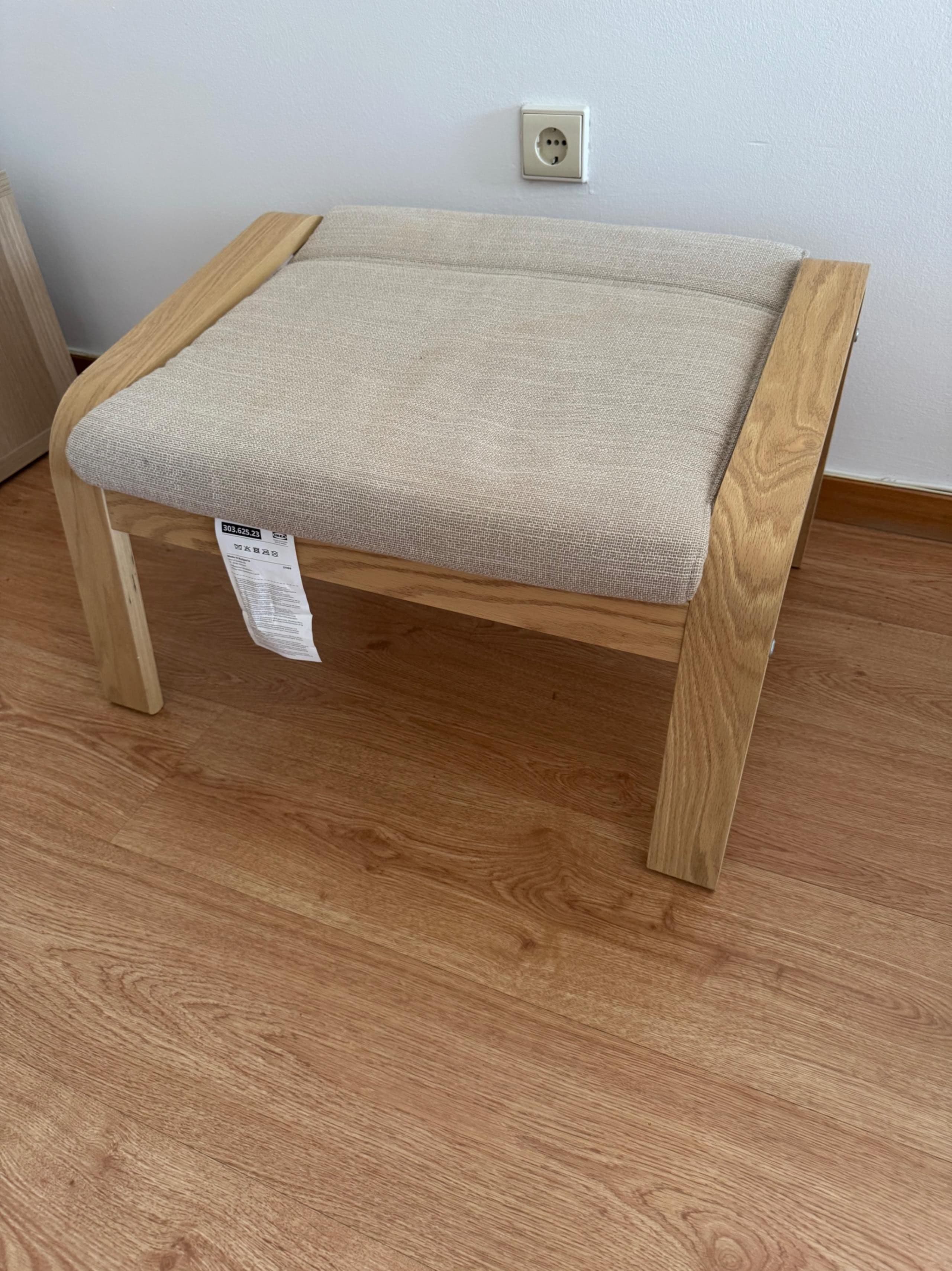 POÄNG footstool, white stained oak veneer/Hillared beige