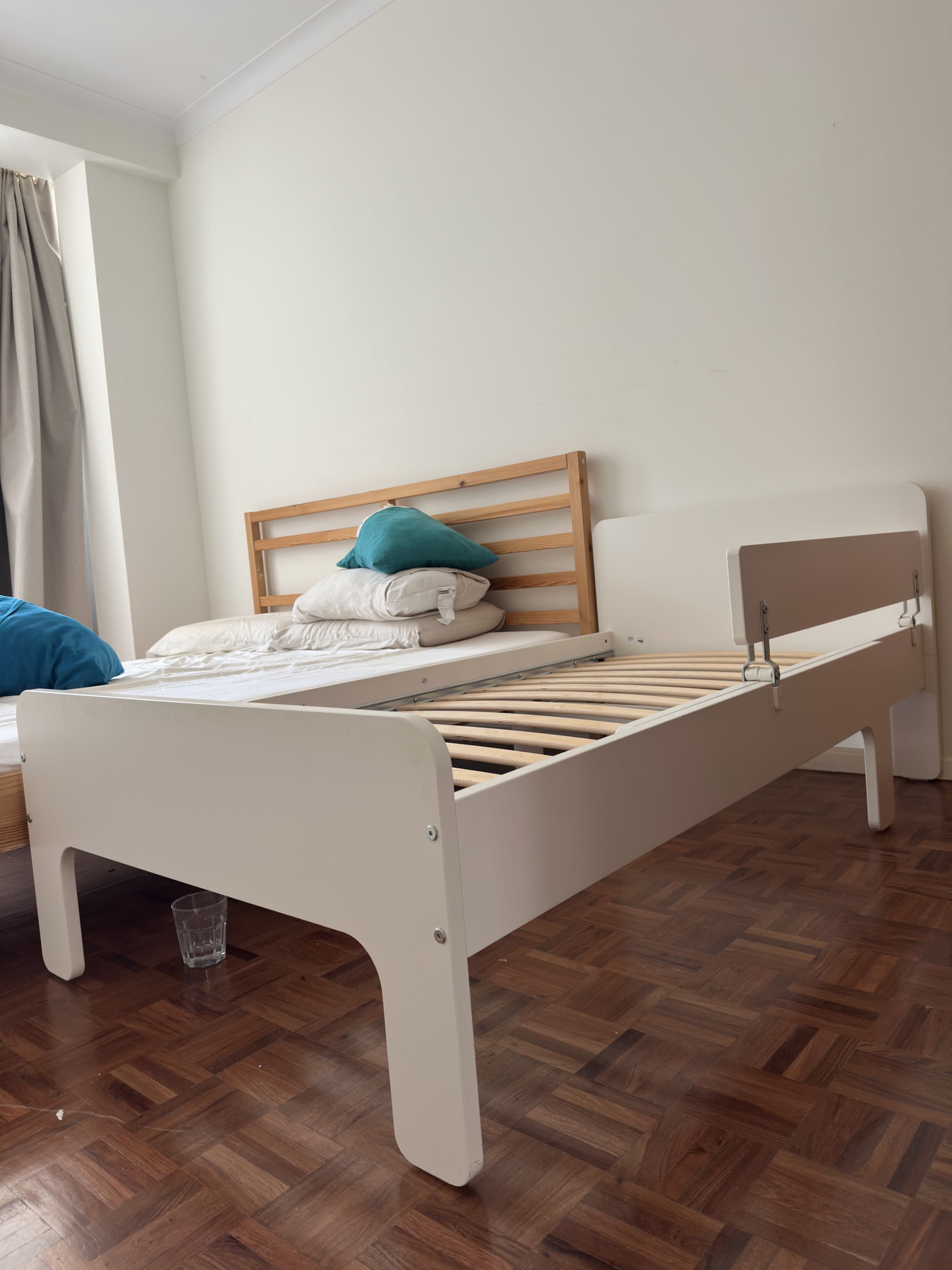 SLÄKT / NATTAPA ext bed frm w guard rl+slat bd base, white, 80x200 cm