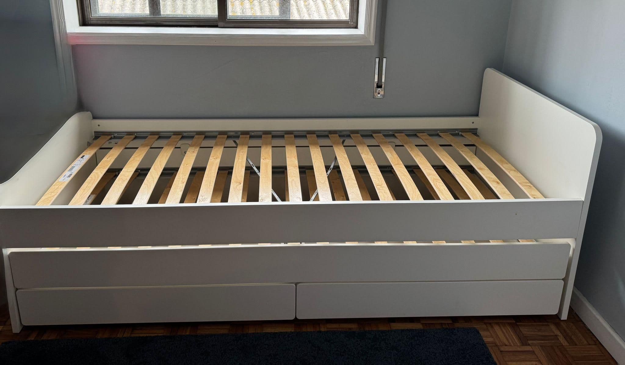 SLÄKT bed frame with underbed and storage, white, 90x200 cm