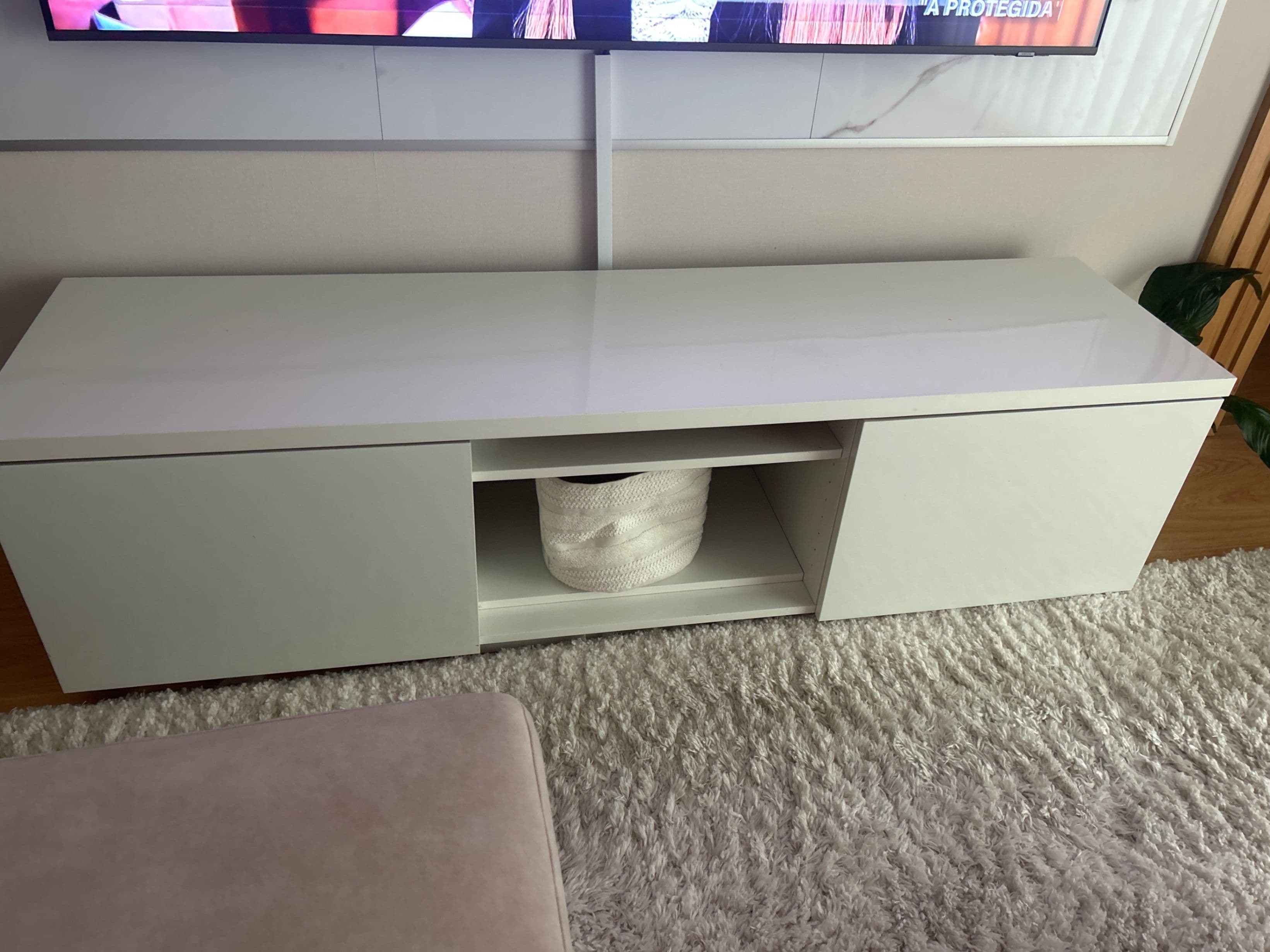 BYÅS TV bench, high-gloss white, 160x42x45 cm