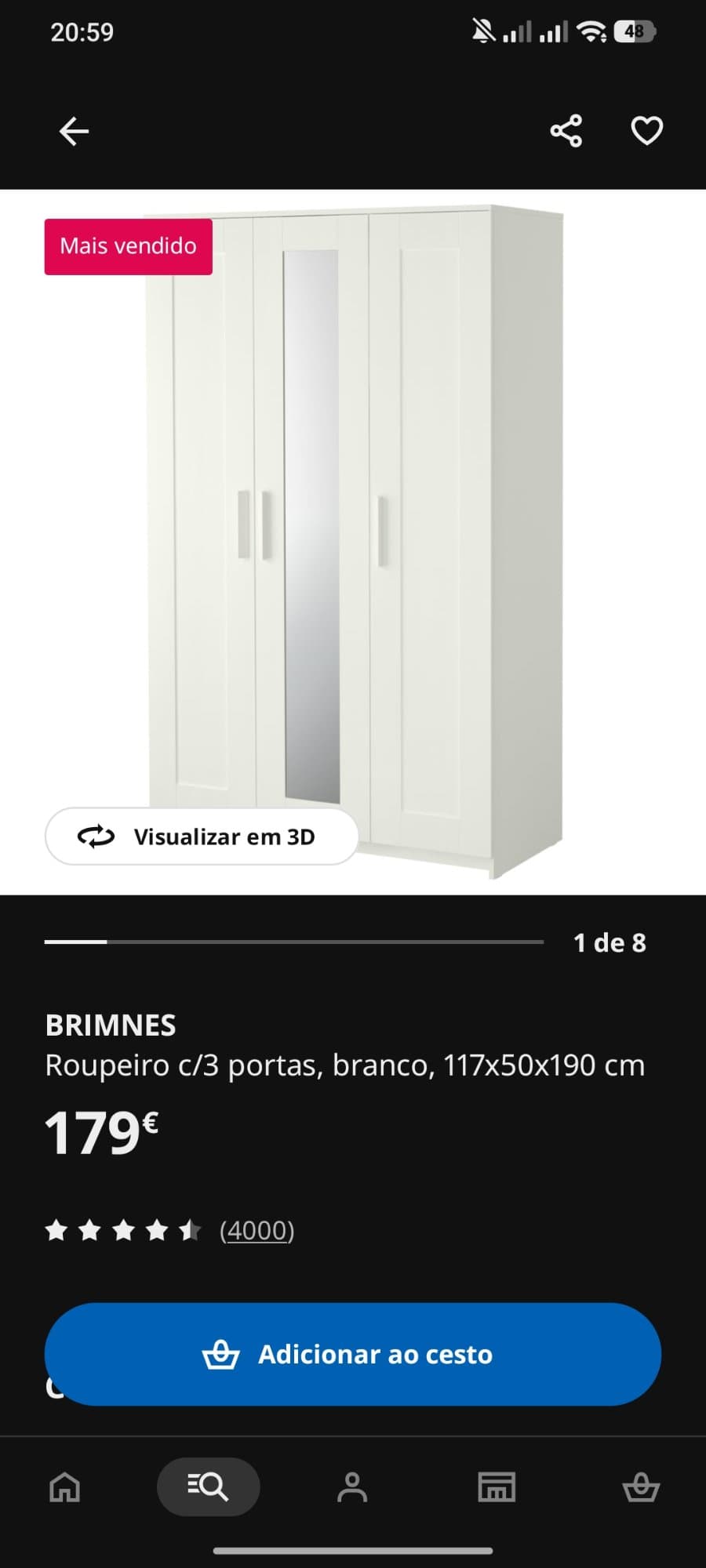 BRIMNES Wardrobe with 3 doors, white, 117x190 cm