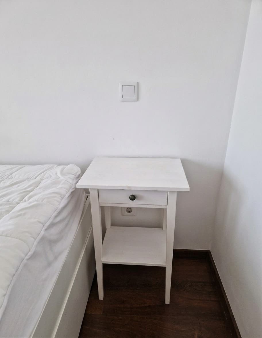 HEMNES bedside table, grey-green/light brown stained, 46x35 cm