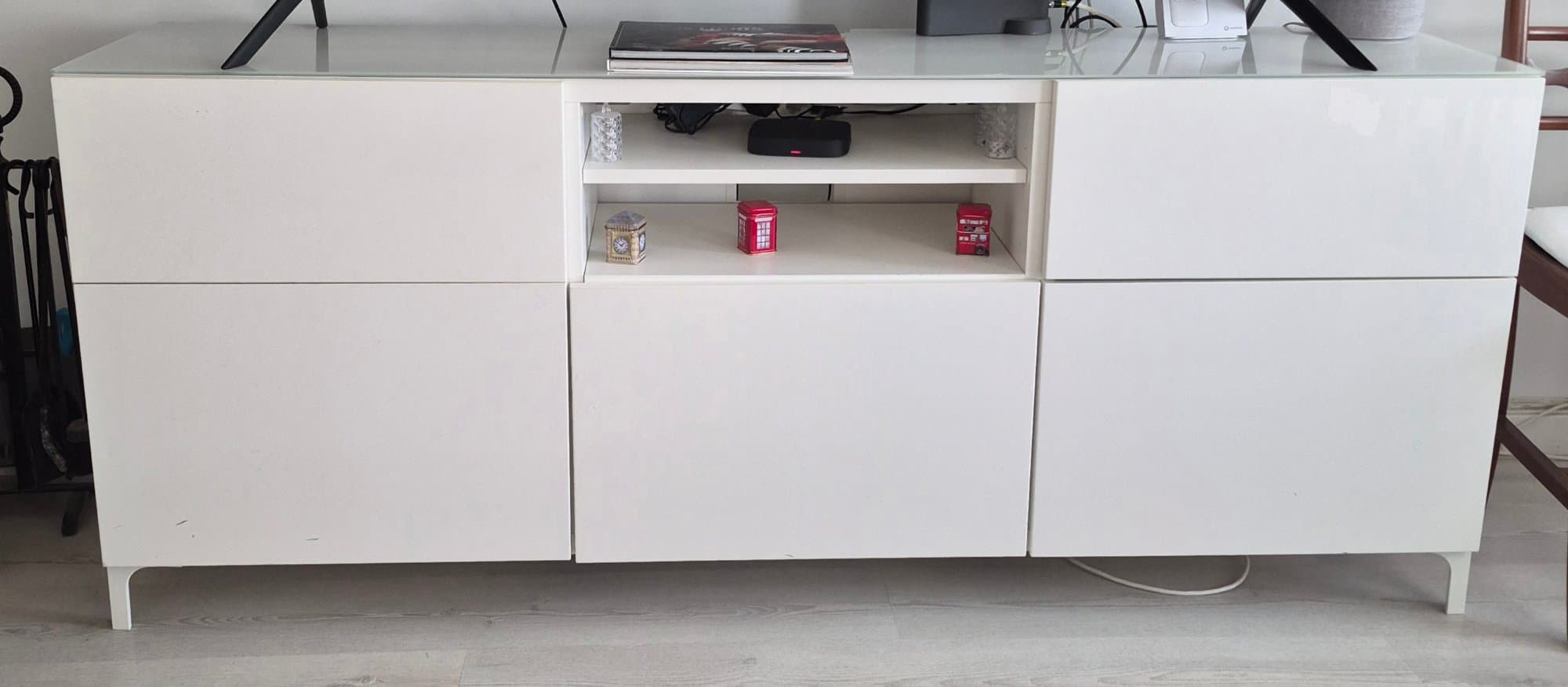 BESTÅ TV bench with drawers, white/Selsviken high-gloss/white frosted glass