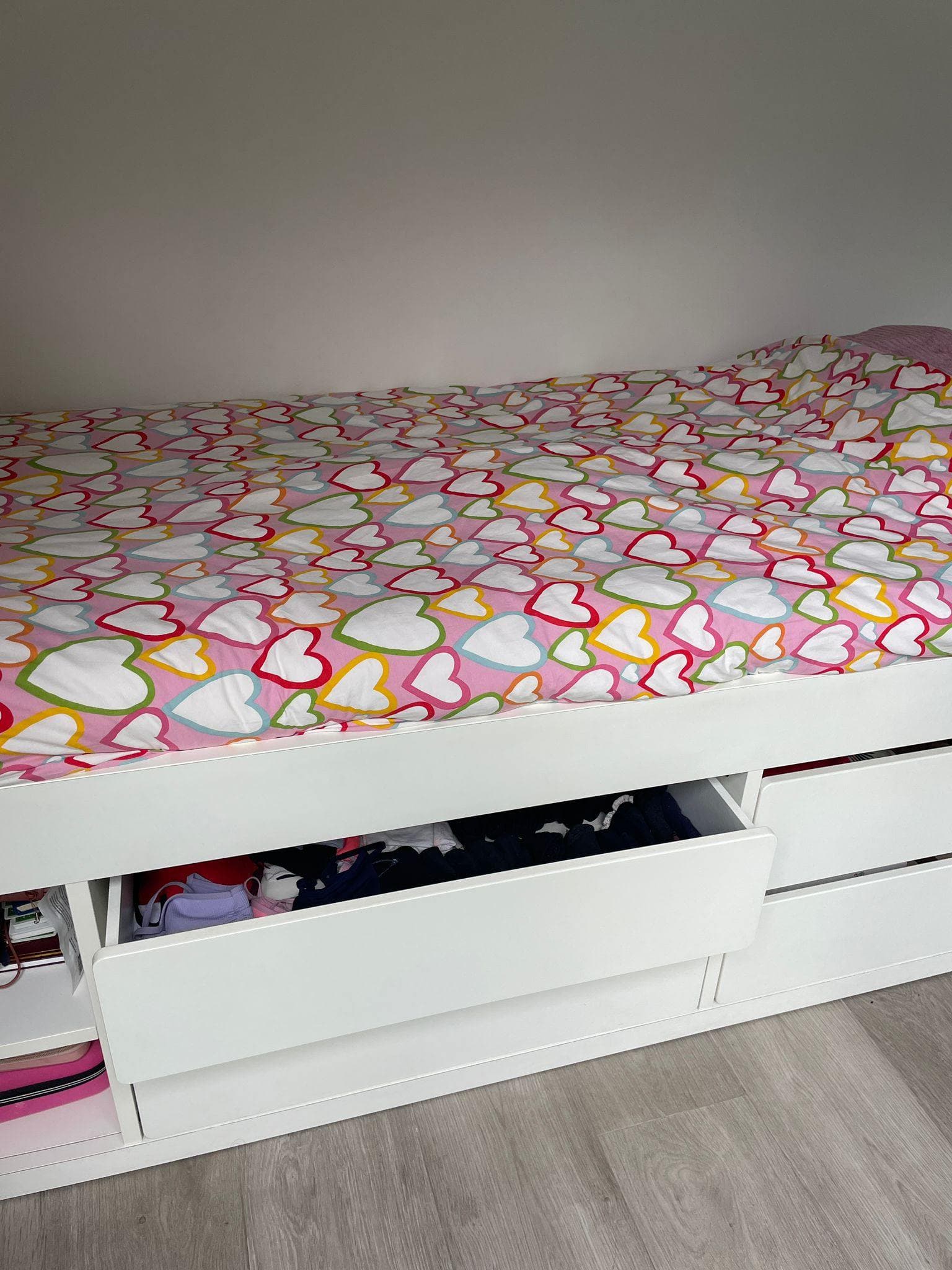 SLÄKT bed frame w storage+slatted bedbase, white, 90x200 cm