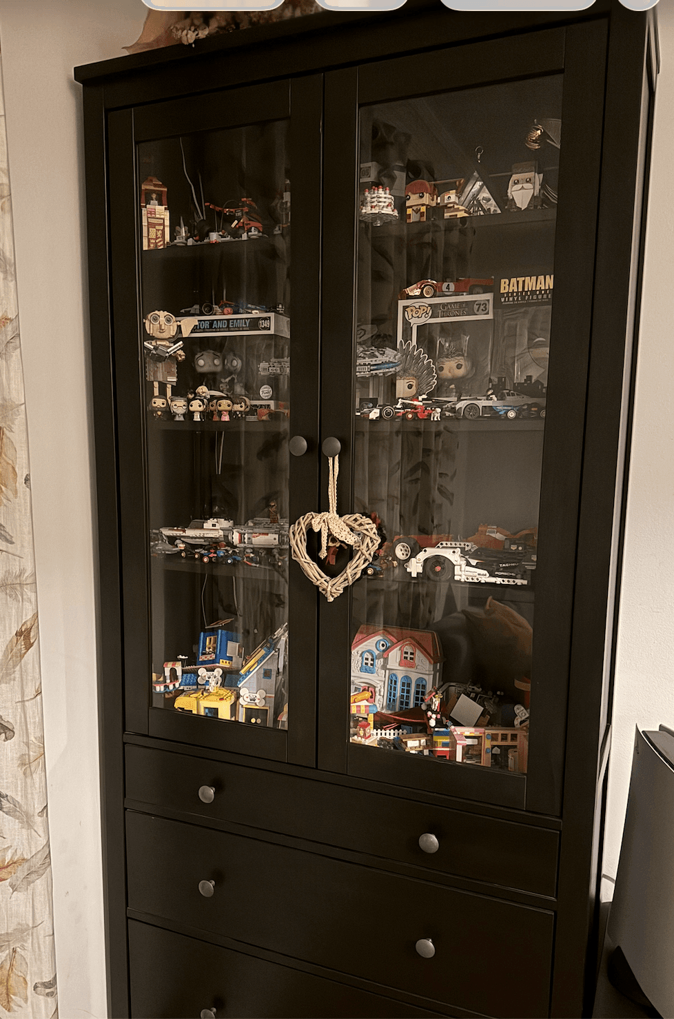 HEMNES Glass-door cabinet with 3 drawers, black-brown, light brown, 90x197 cm