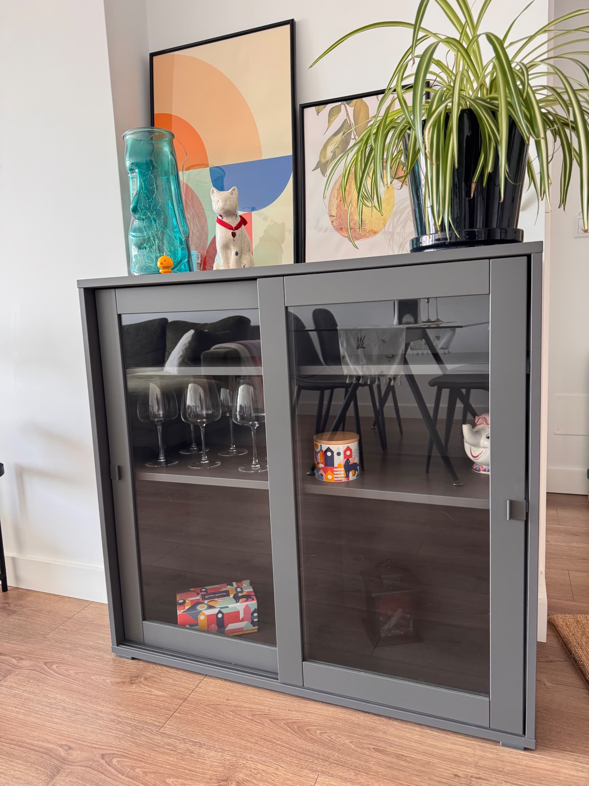 VIHALS cabinet with sliding glass doors, dark grey, 95x37x90 cm