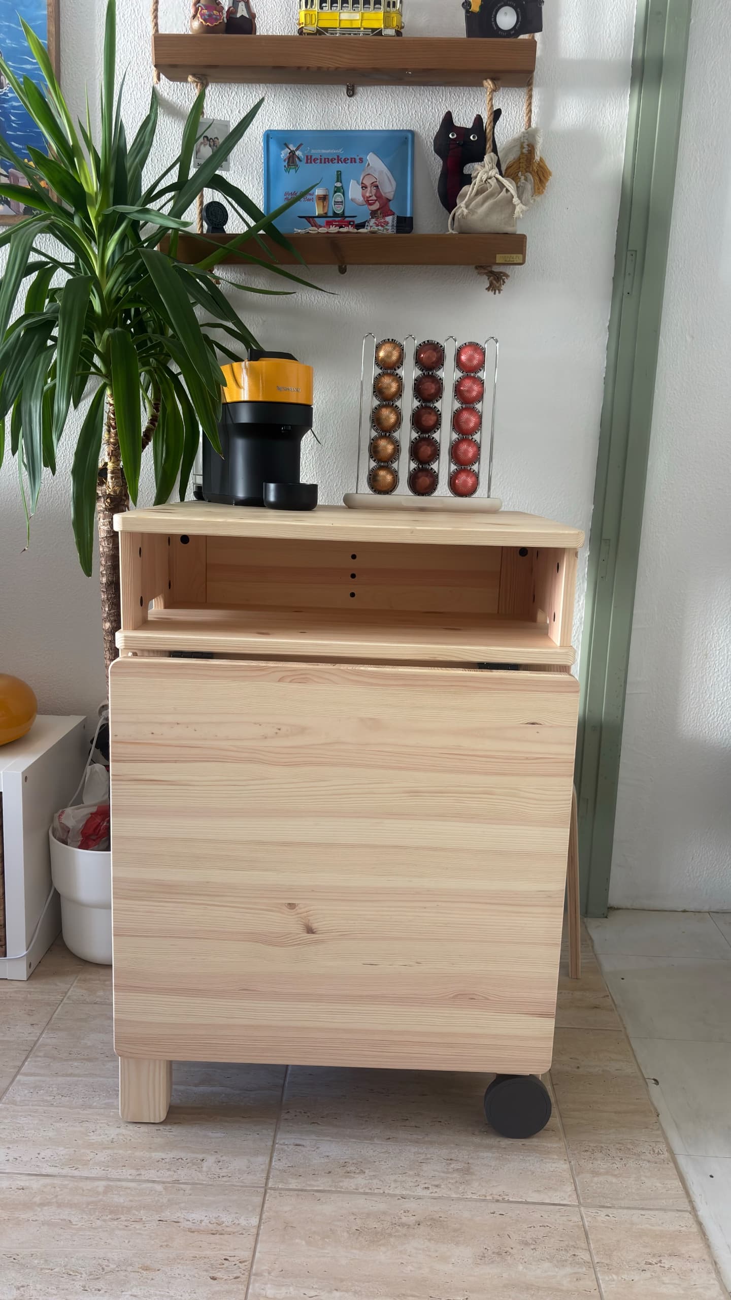 RESARÖ mobile drop-leaf table w storage, pine