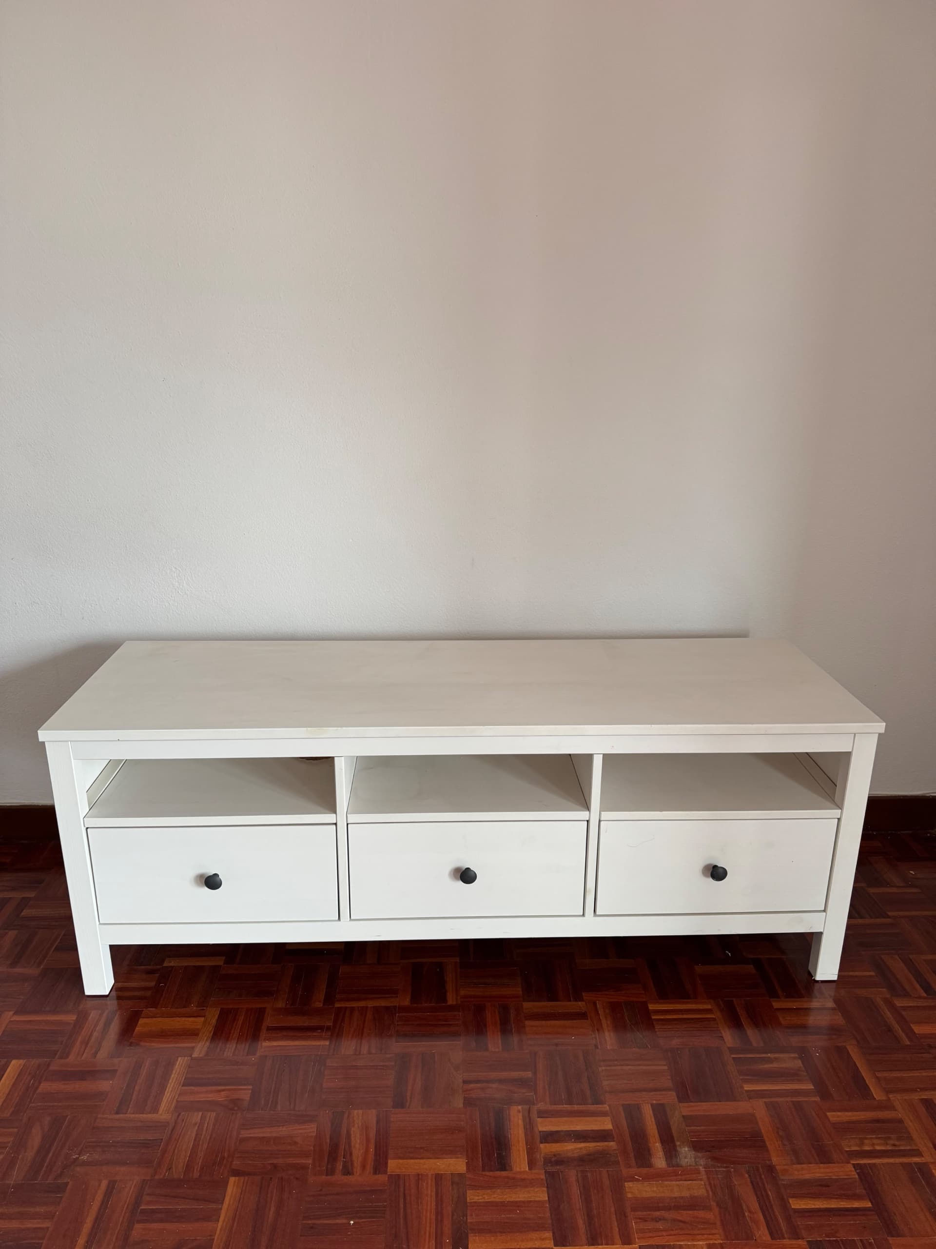 HEMNES TV bench, white stain, light brown, 148x47x57 cm