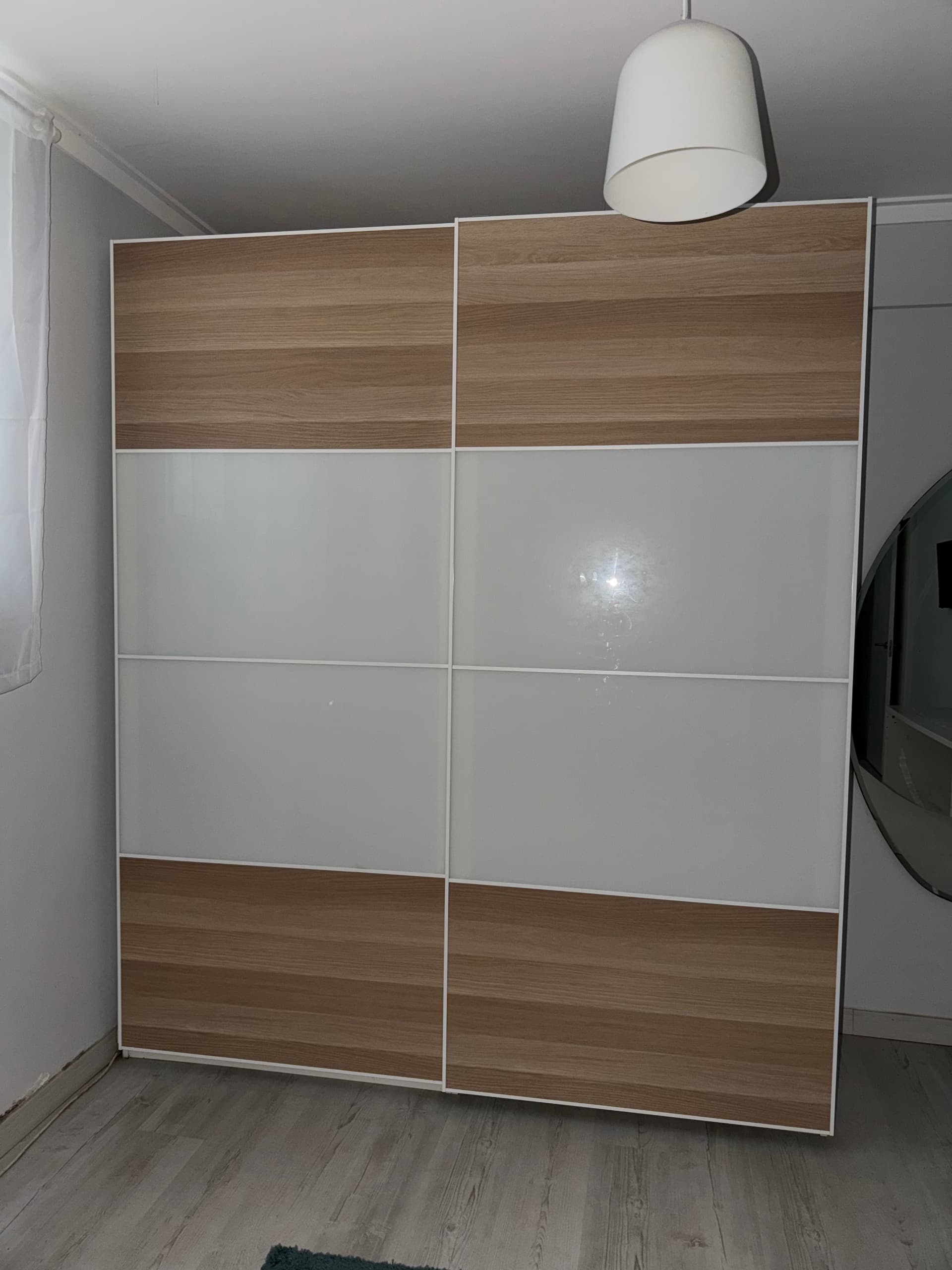 SKYTTA / MEHAMN/AULI sliding door combination, white/white stained oak effect mirror glass, 202x240 cm