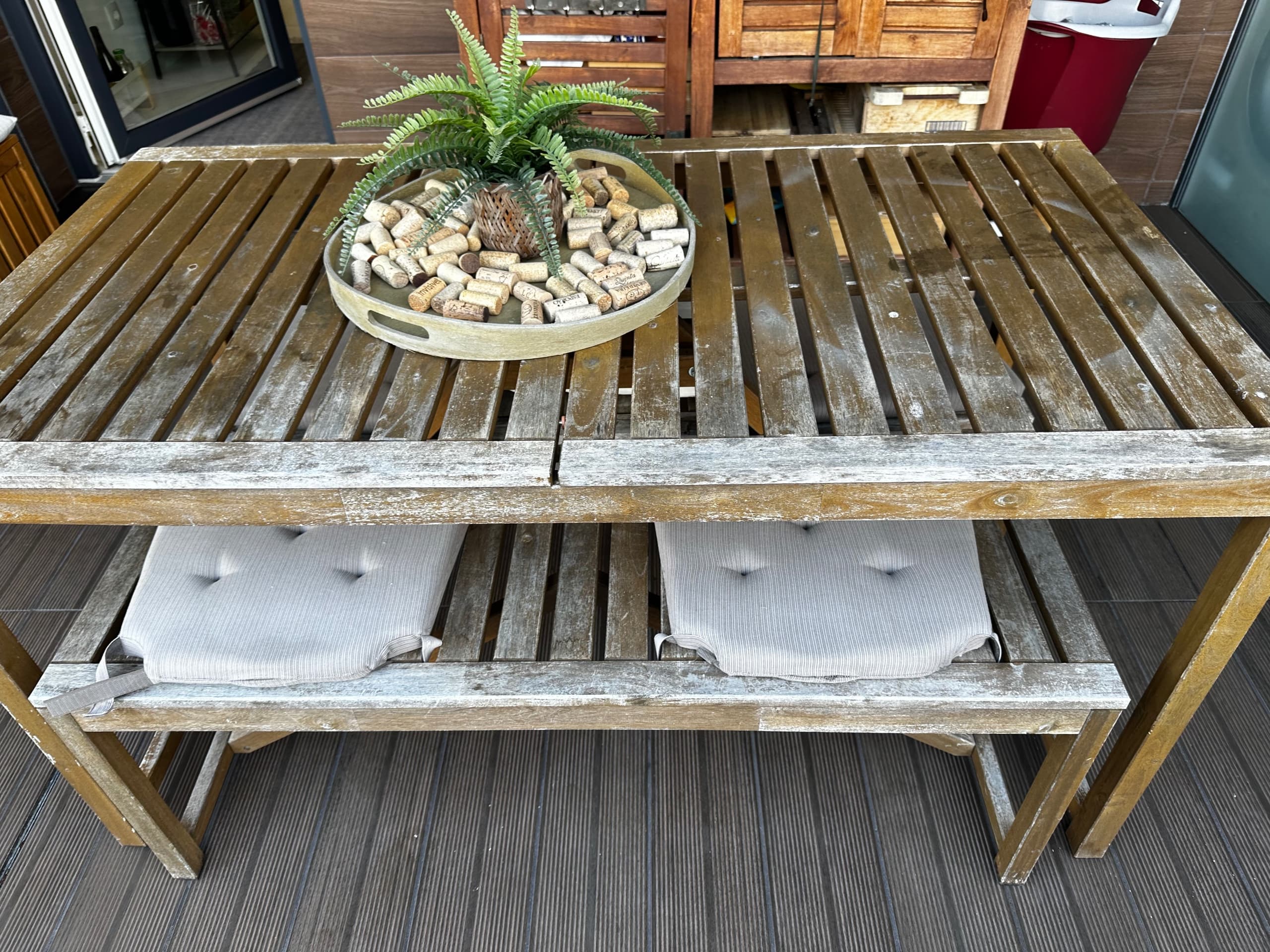 NÄMMARÖ table+2 chairs+ bench, outdoor, light brown stained/Kuddarna light grey-beige, 140x75 cm
