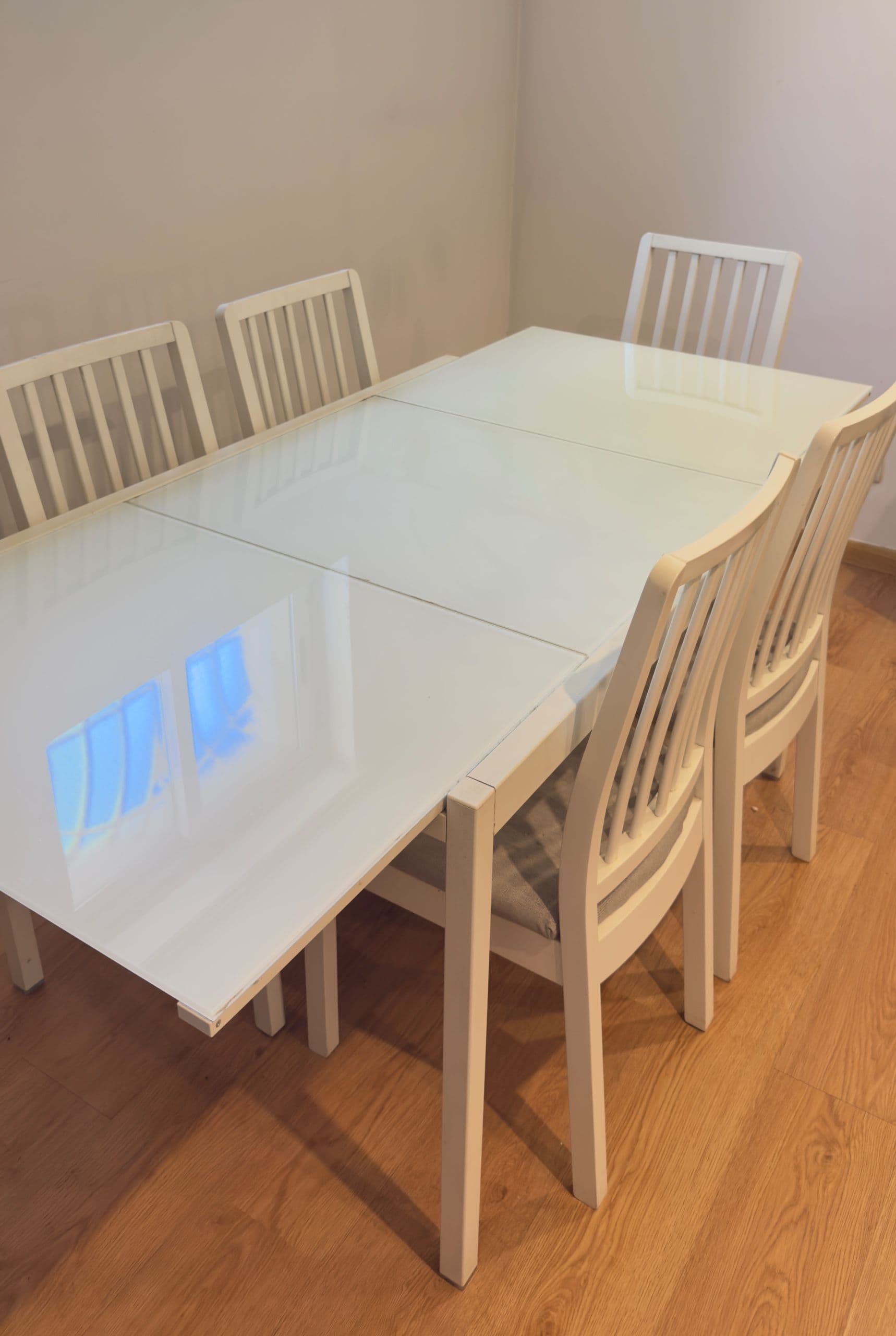 ROSENTORP / NÄSINGE table and 4 chairs, white/Tibbleby beige-grey white, 155/215x87 cm