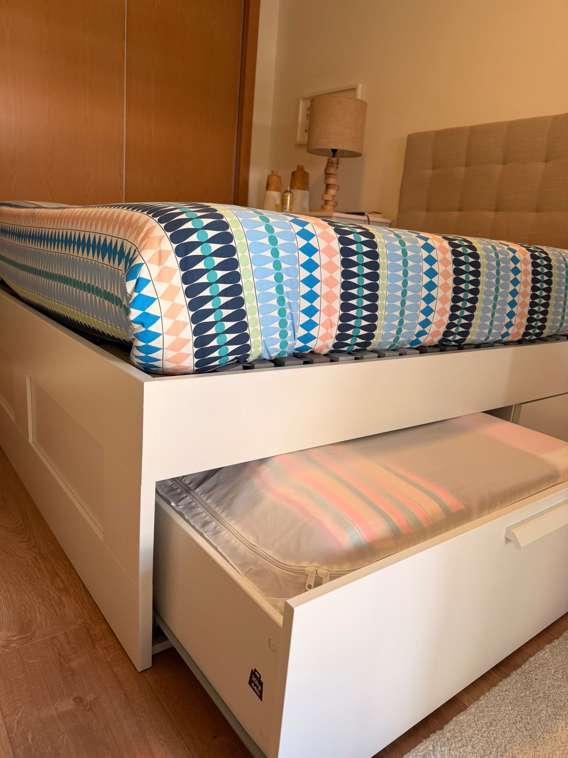 BRIMNES bed frame with storage, white/Luröy, 140x200 cm