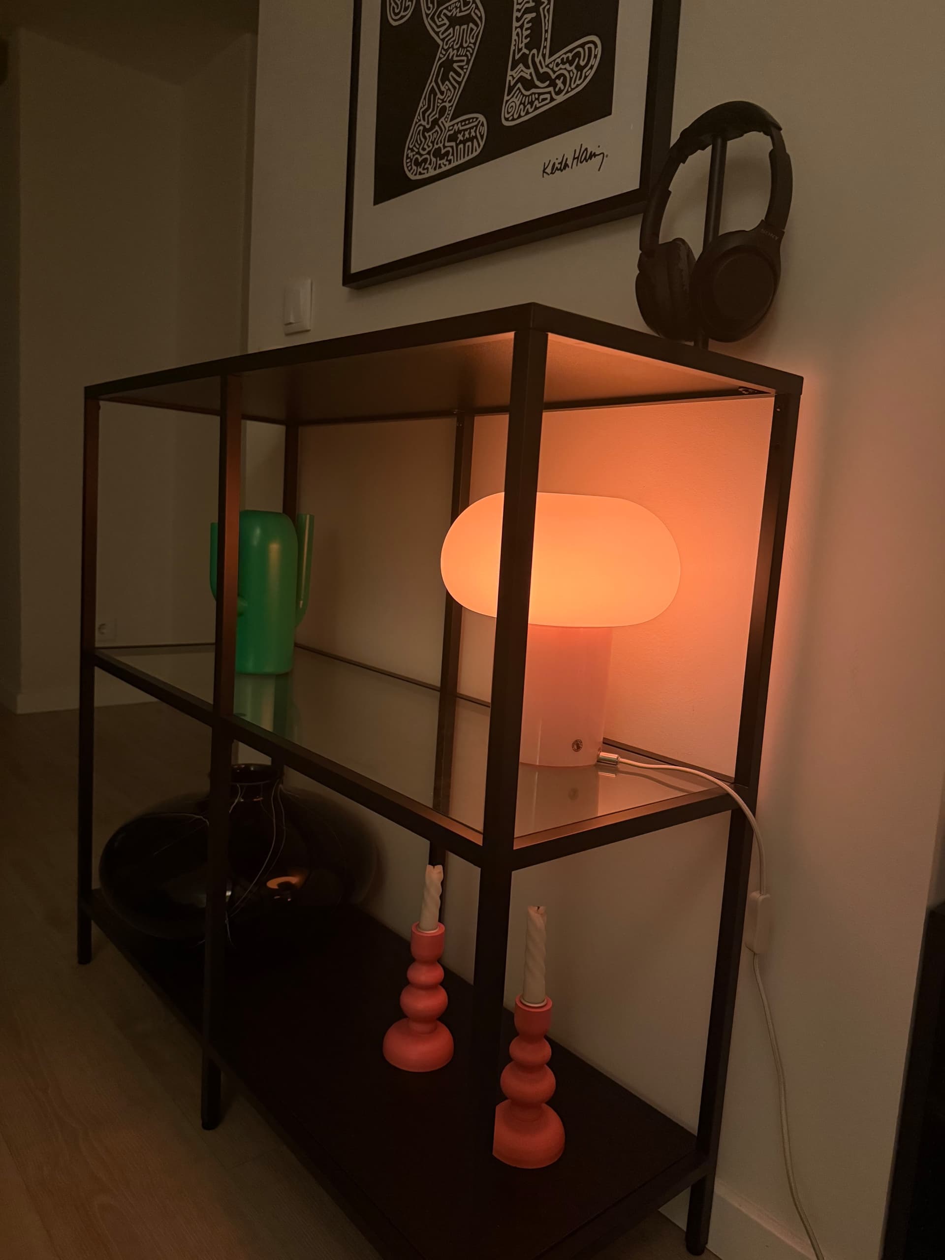 VITTSJÖ shelving unit, black-brown/glass, 100x93 cm