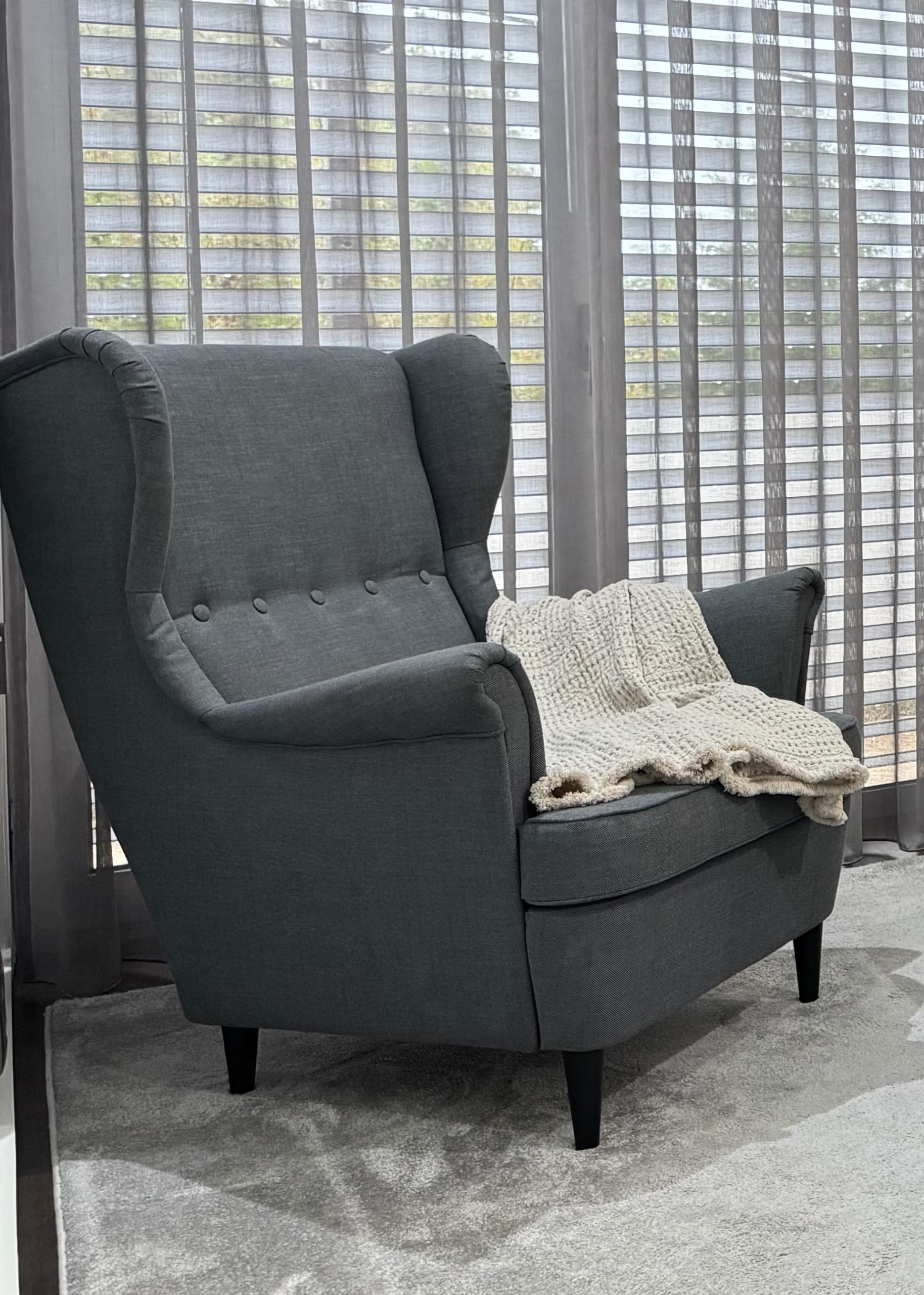 STRANDMON Wing chair, Nordvalla dark grey, Width: 82 cm