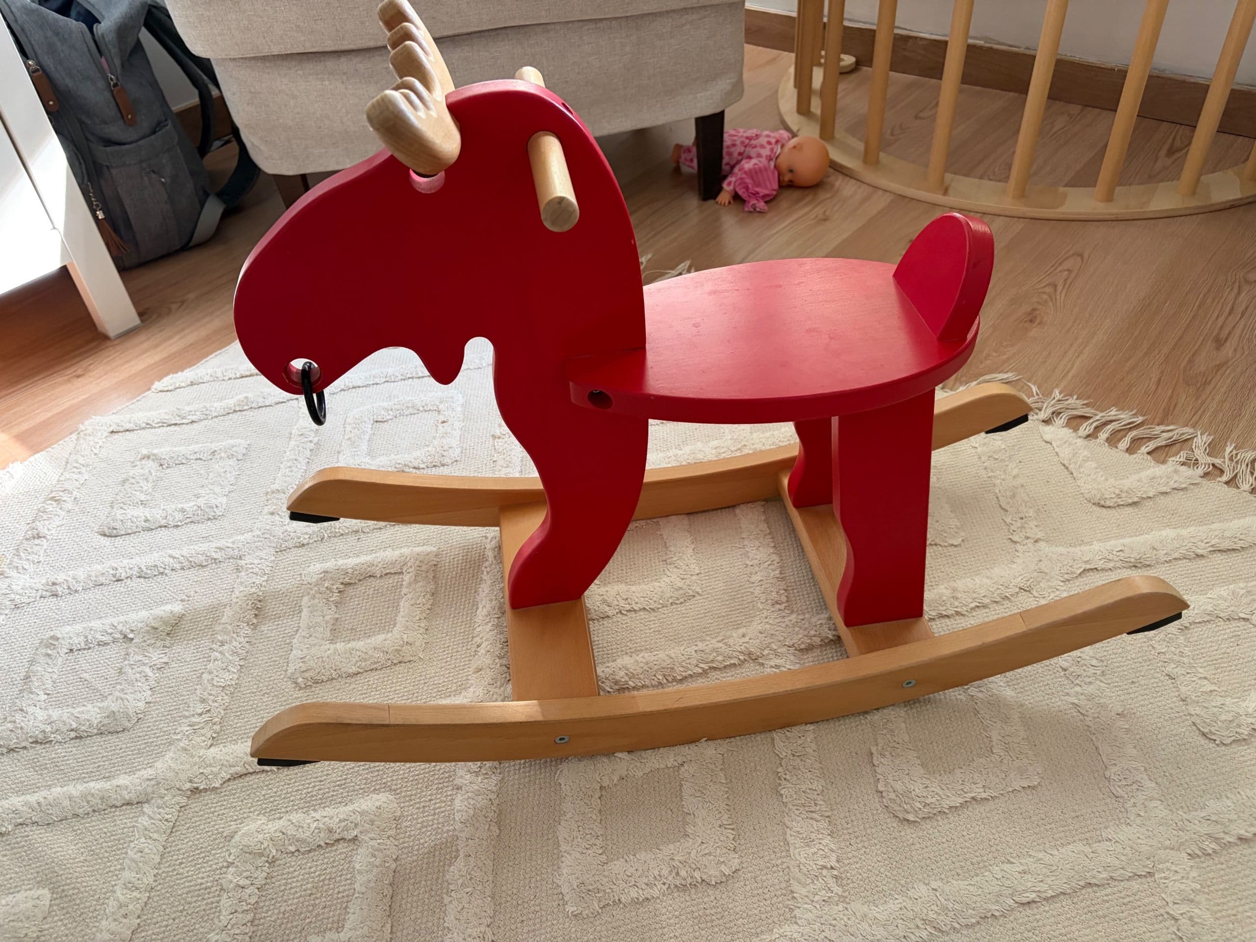 EKORRE rocking-moose, red/rubberwood