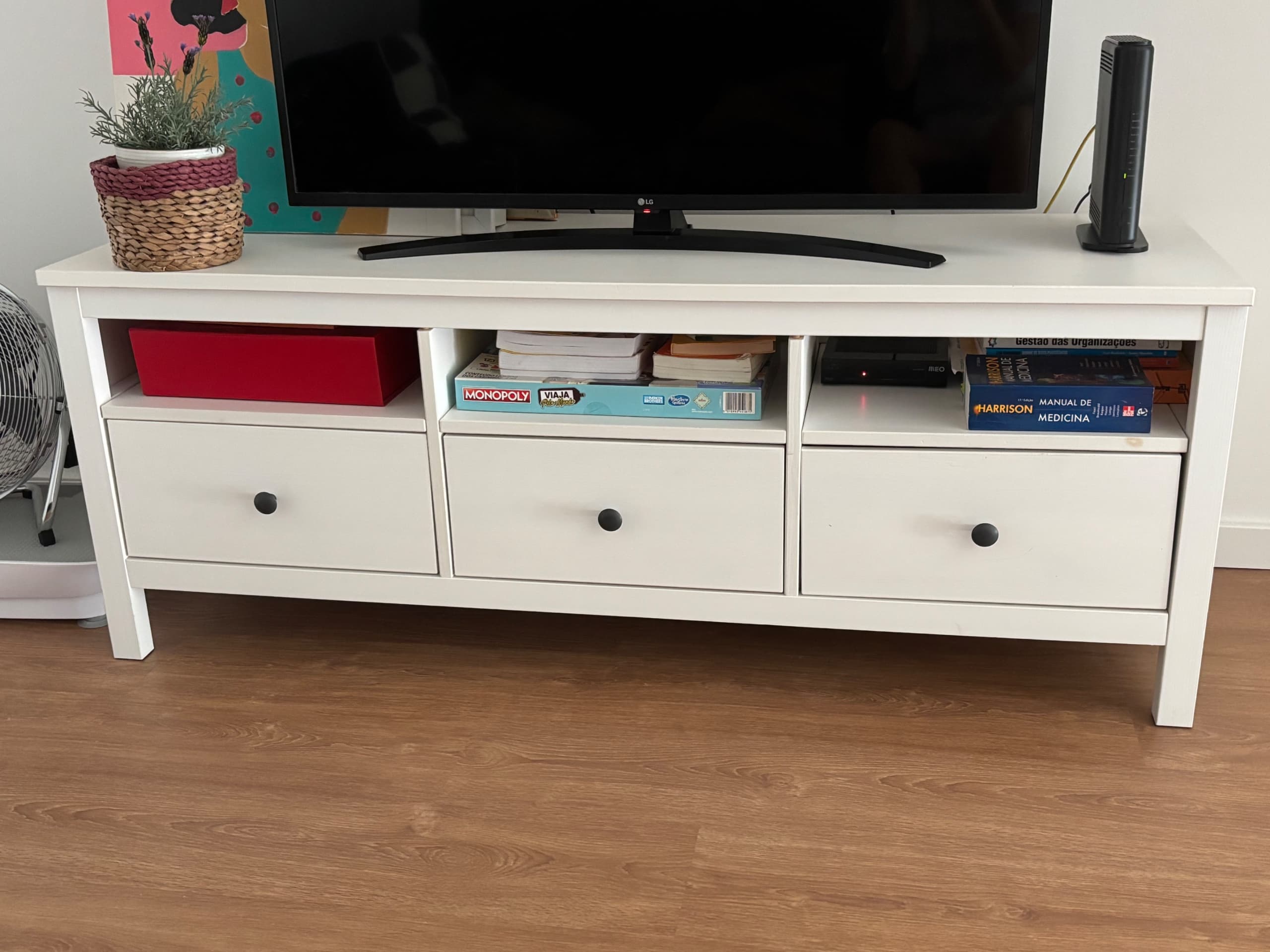 HEMNES Móvel TV, velatura branca, castanho claro, 148x47x57 cm