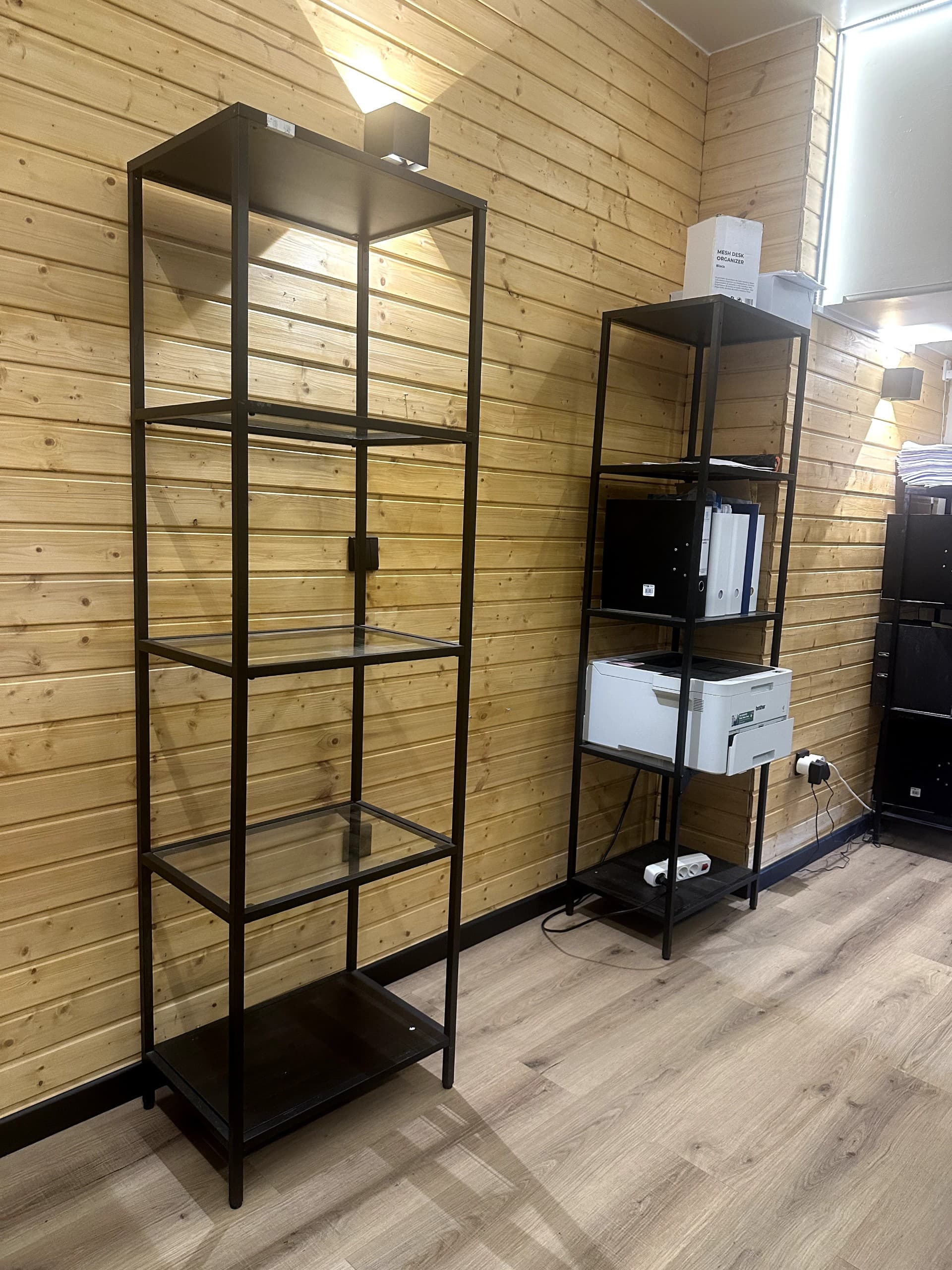 VITTSJÖ shelving unit, black-brown/glass, 51x175 cm