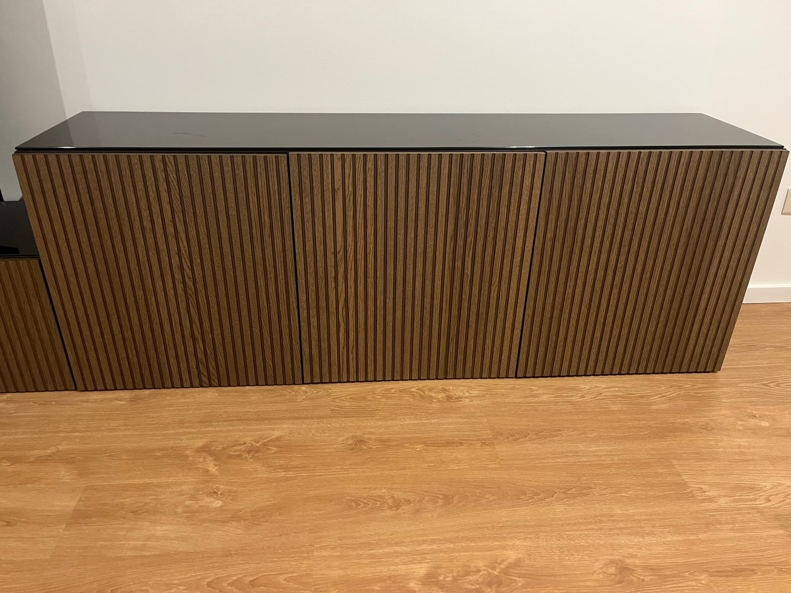 BESTÅ wall-mounted cabinet combination, black-brown Hedeviken/dark brown stained oak veneer, 180x42x64 cm