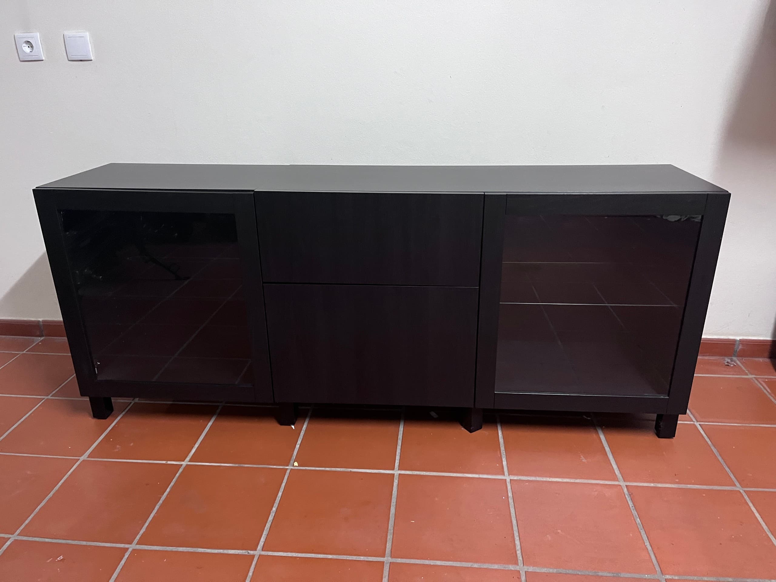 BESTÅ storage combination with drawers, black-brown Lappviken/Sindvik/Stubbarp black-brown clear glass, 180x42x74 cm