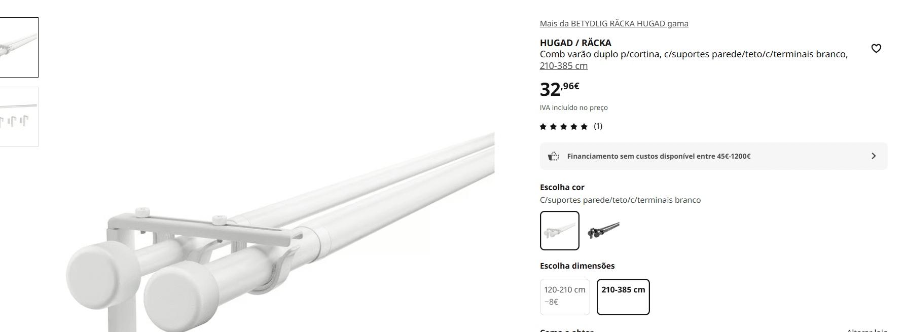 HUGAD / RÄCKA comb varão duplo p/cortina, c/suportes parede/teto/c/terminais branco, 210-385 cm