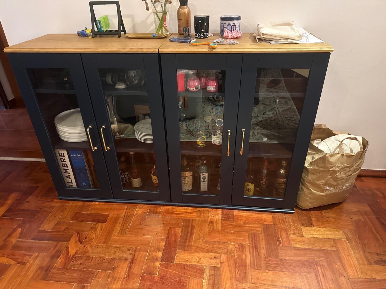 SKRUVBY cabinet with glass doors, black-blue, 70x90 cm