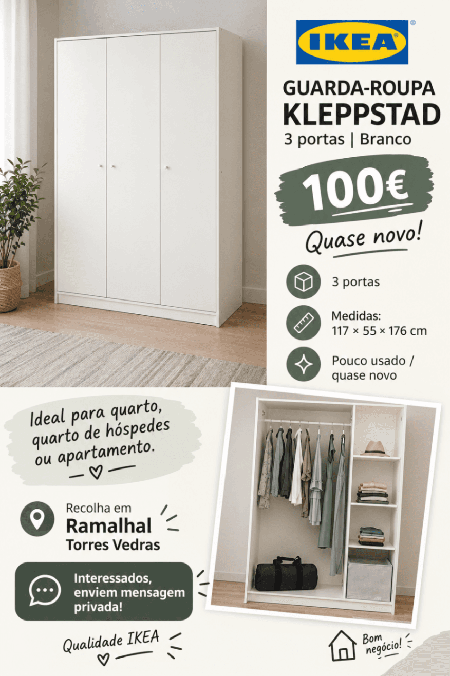 KLEPPSTAD wardrobe with 3 doors, white, 117x55x176 cm