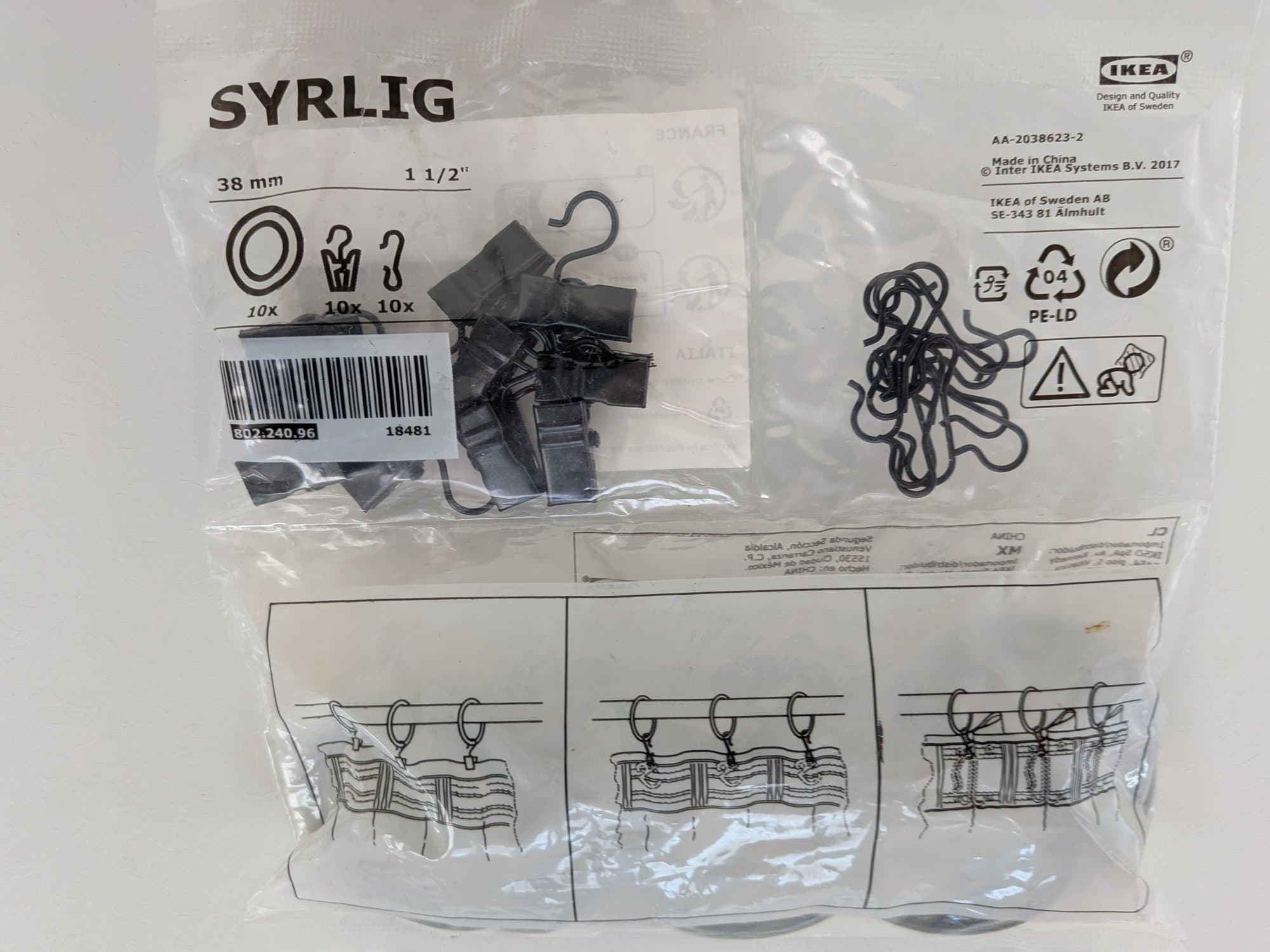 2 PACK SYRLIG ARGO. argola de cortinado c/clipe+gancho, preto, 38 mm