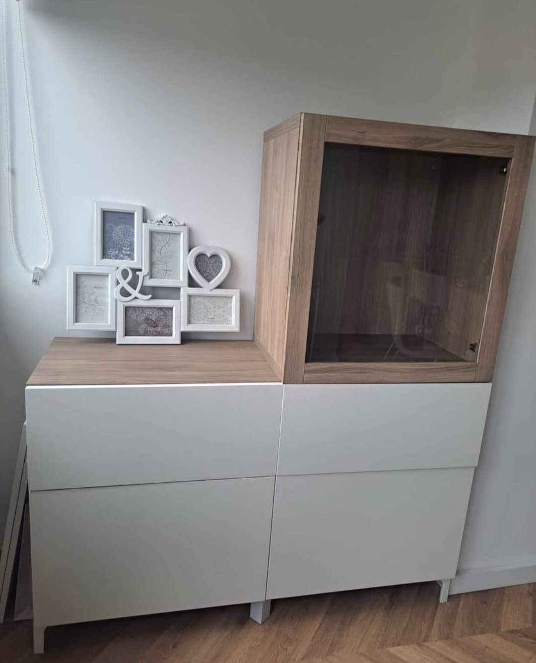 BESTÅ storage combination w doors/drawers, white stained oak effect/Selsviken high-gloss/beige
