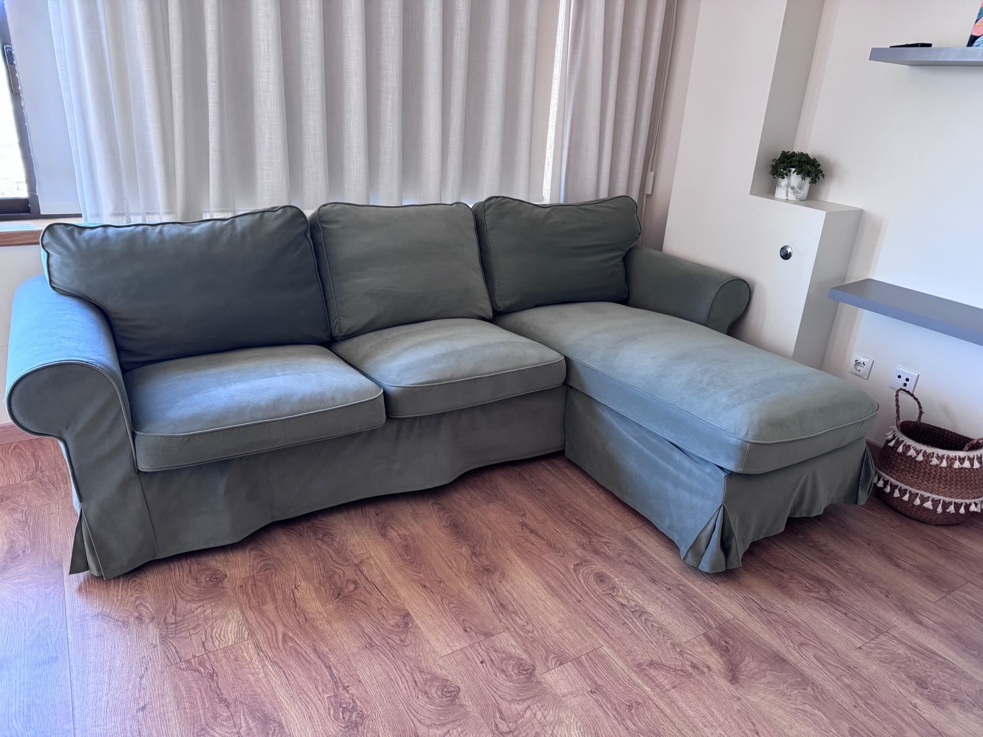 EKTORP cover f 3-seat sofa w chaise longue, Hemmesta grey-green