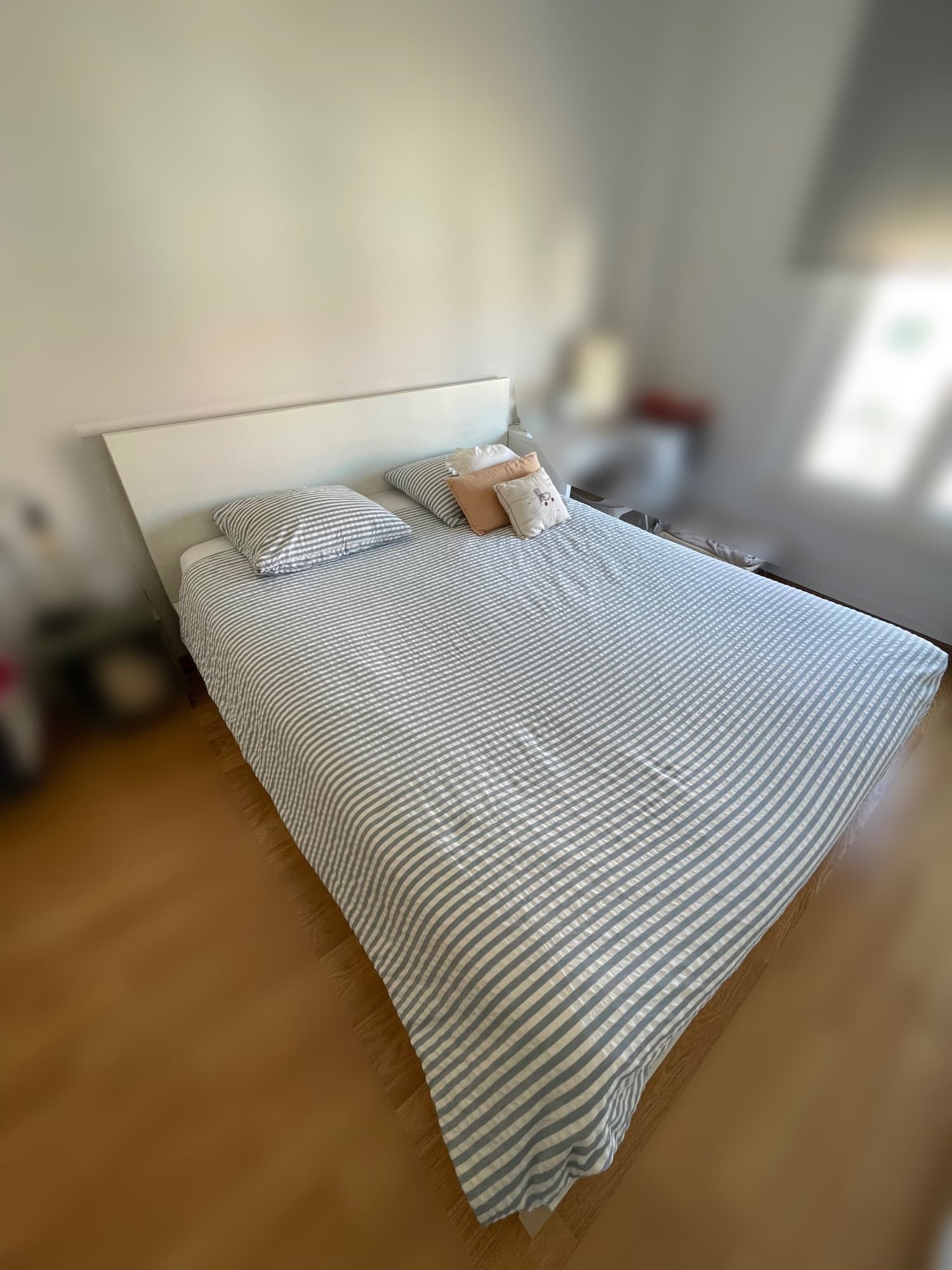 MALM bed frame, high, white stained oak veneer/Leirsund