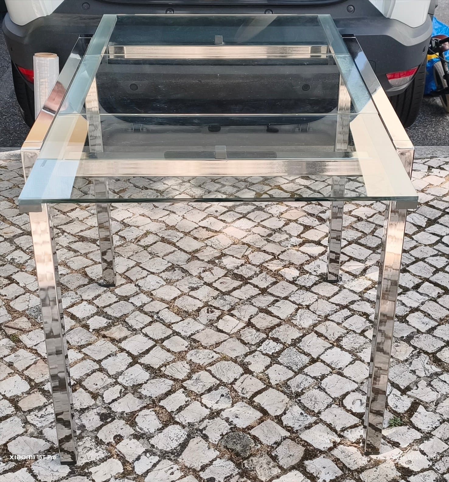 GLIVARP extendable table, transparent/chrome-plated