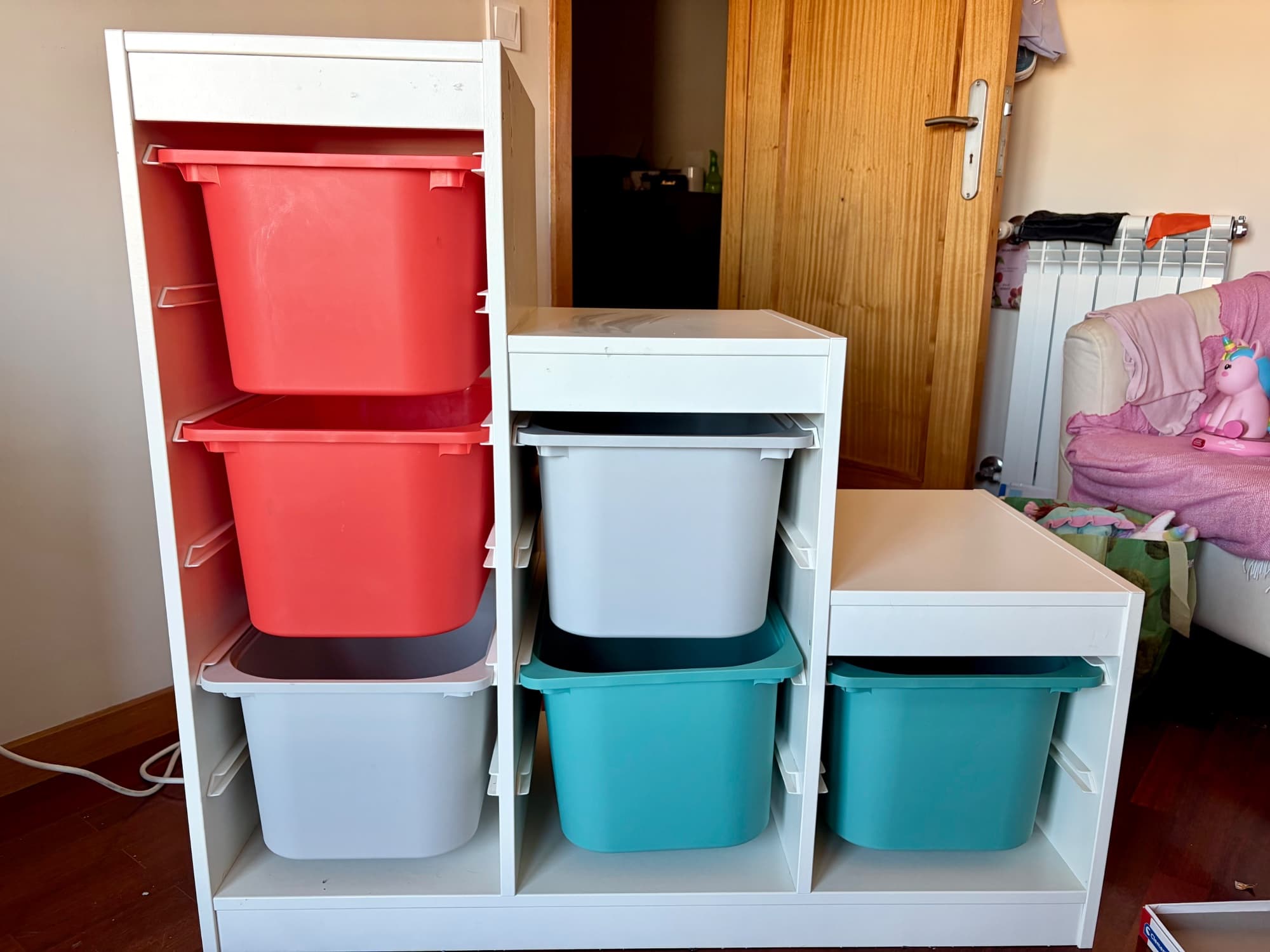 TROFAST storage combination with boxes, white light blue/red, 99x44x94 cm