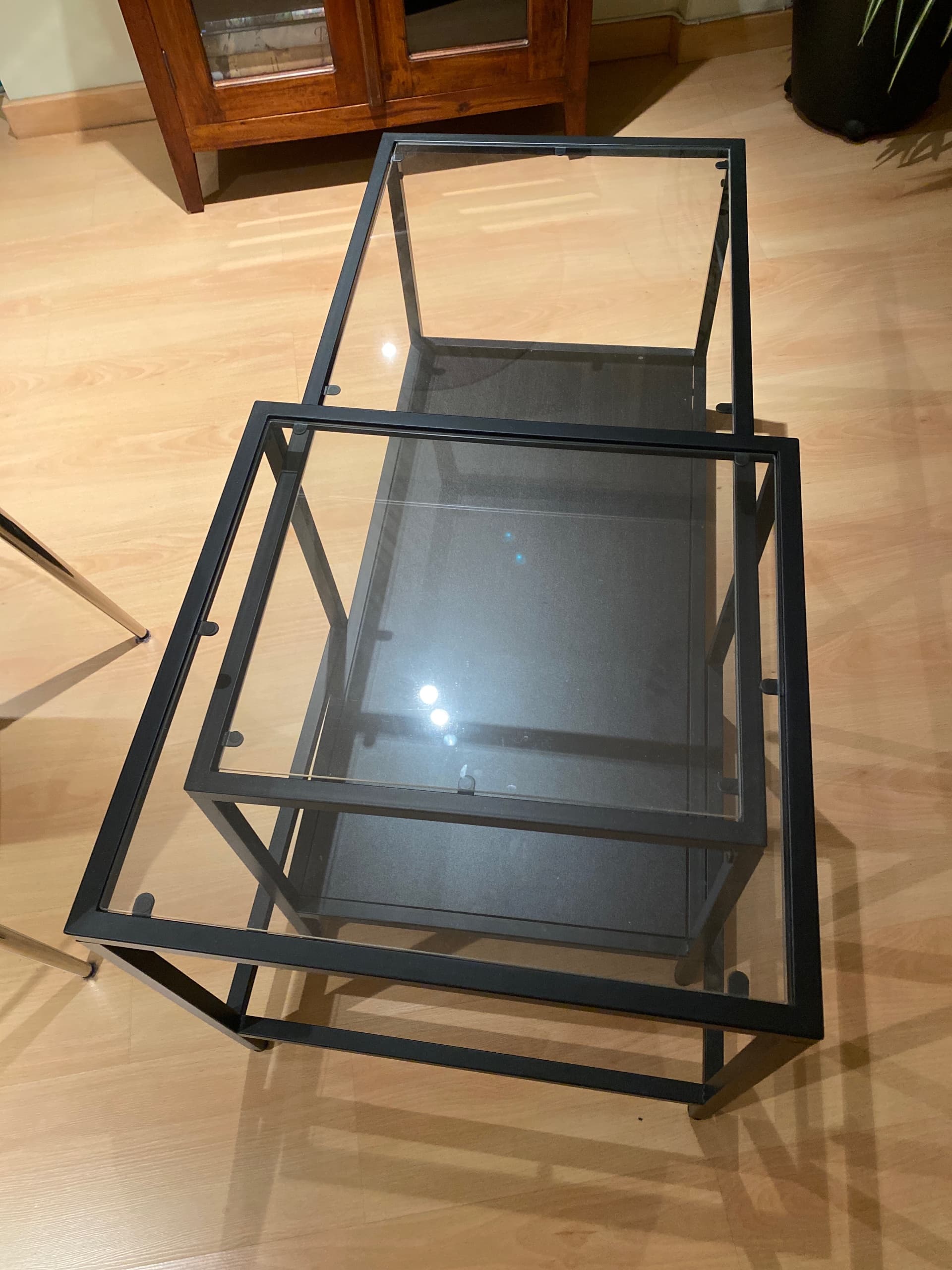 VITTSJÖ Nest of tables, set of 2, black-brown, glass, 90x50 cm