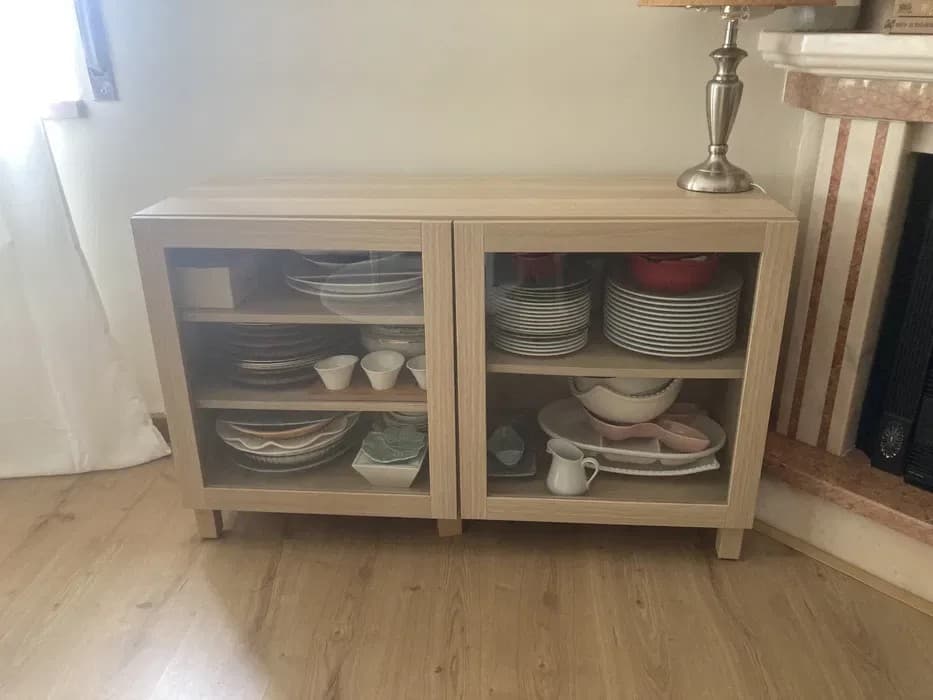 Vitrinas comb arrumação c/portas, ef carvalho c/velatura branca/Sindvik/Stubbarp vidro inc ef carvalho c/vel br, 180x42x74 cm